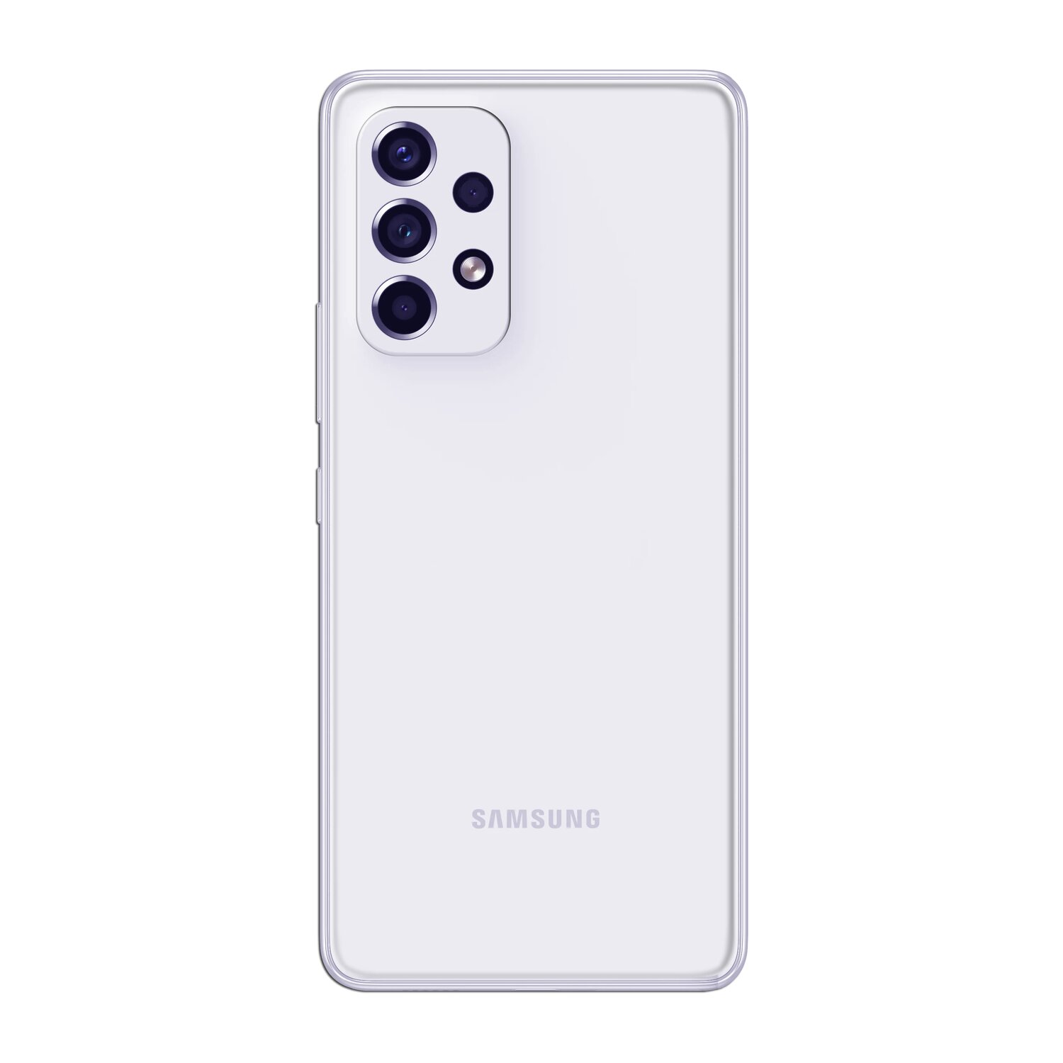 Rückseite eines weißen Samsung-Telefons. Es hat mehrere Kameras und das Samsung-Logo ist sichtbar.