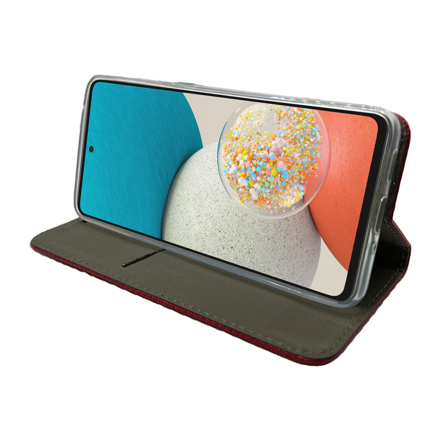 Telefon in rotem Etui, offen. Der Bildschirm zeigt ein farbenfrohes, abstraktes Bild.