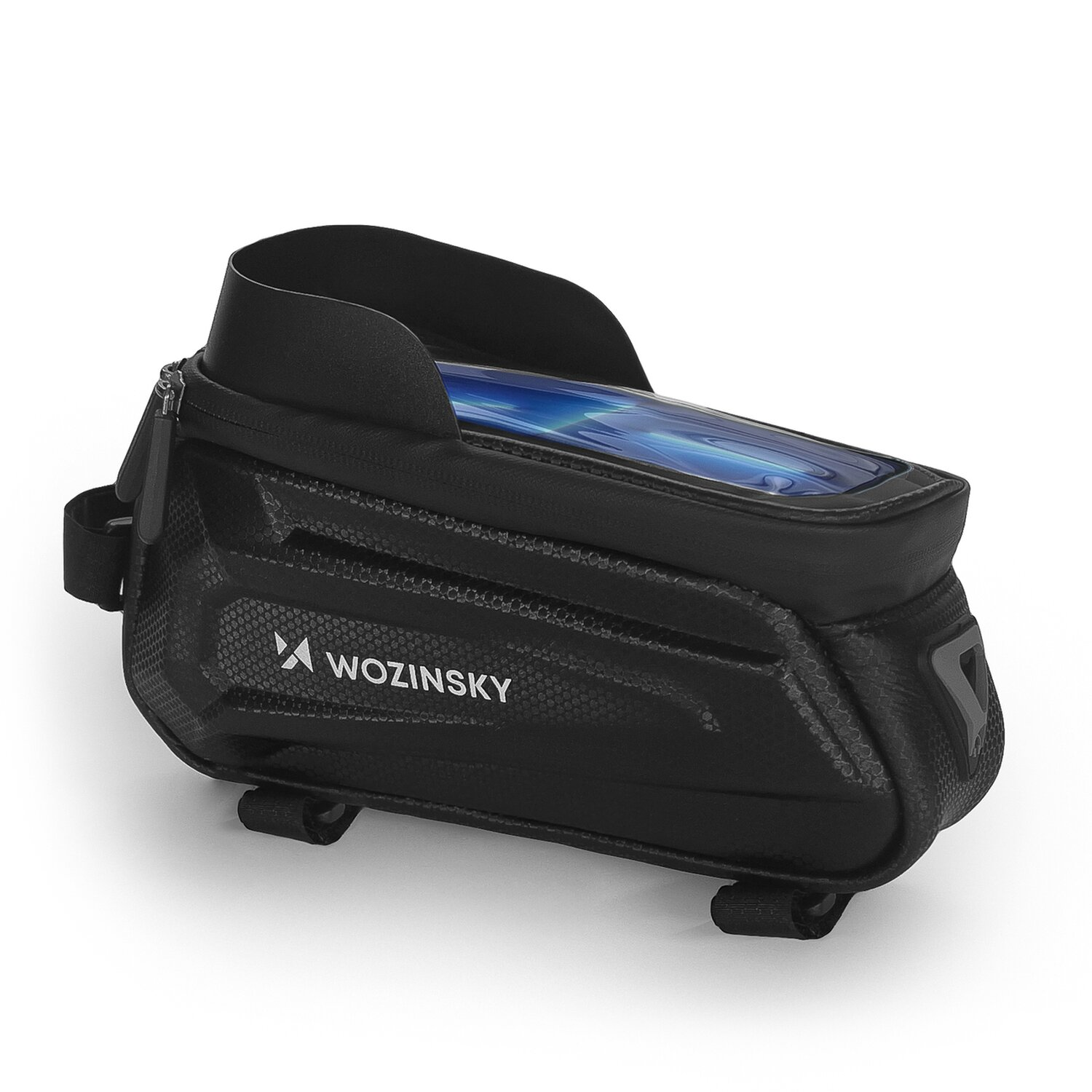 Schwarze Fahrradtasche mit transparentem Deckel, die ein Telefon hält. Die Tasche trägt den Markennamen 'Wozinsky'.