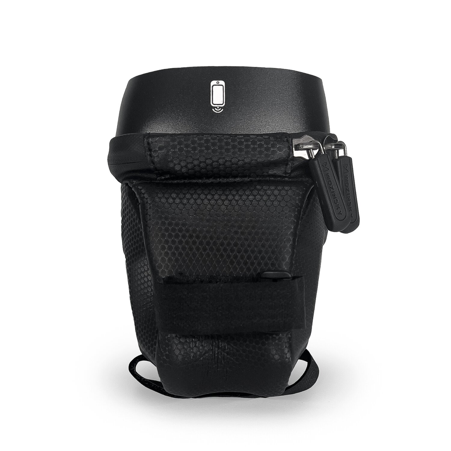 Schwarze kleine Fahrradtasche mit Reißverschluss und Handyhalterung oben. Wozinsky-Logo.