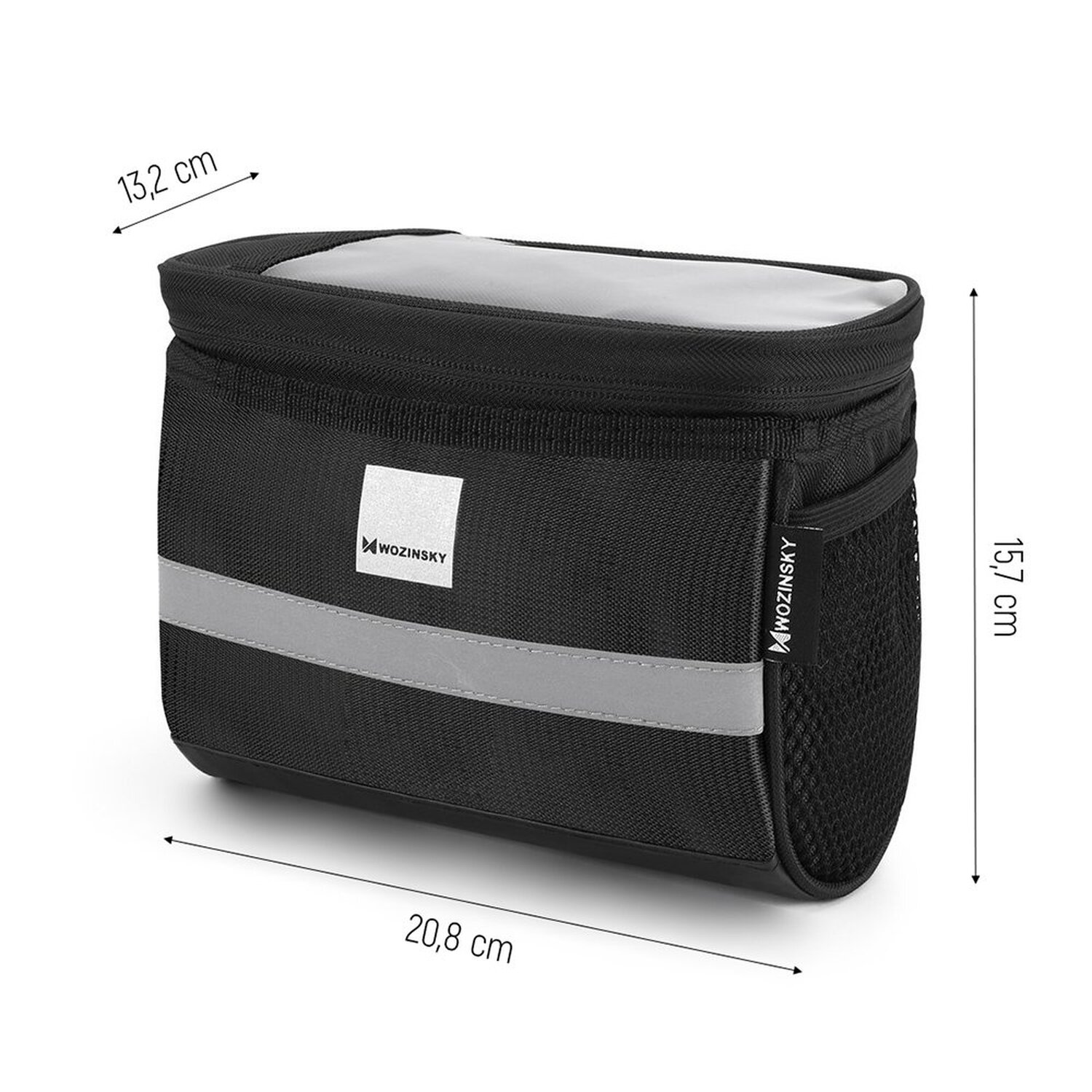 Schwarze Fahrradtasche mit Reflexstreifen, Abmessungen sichtbar, isoliert auf Weiß.