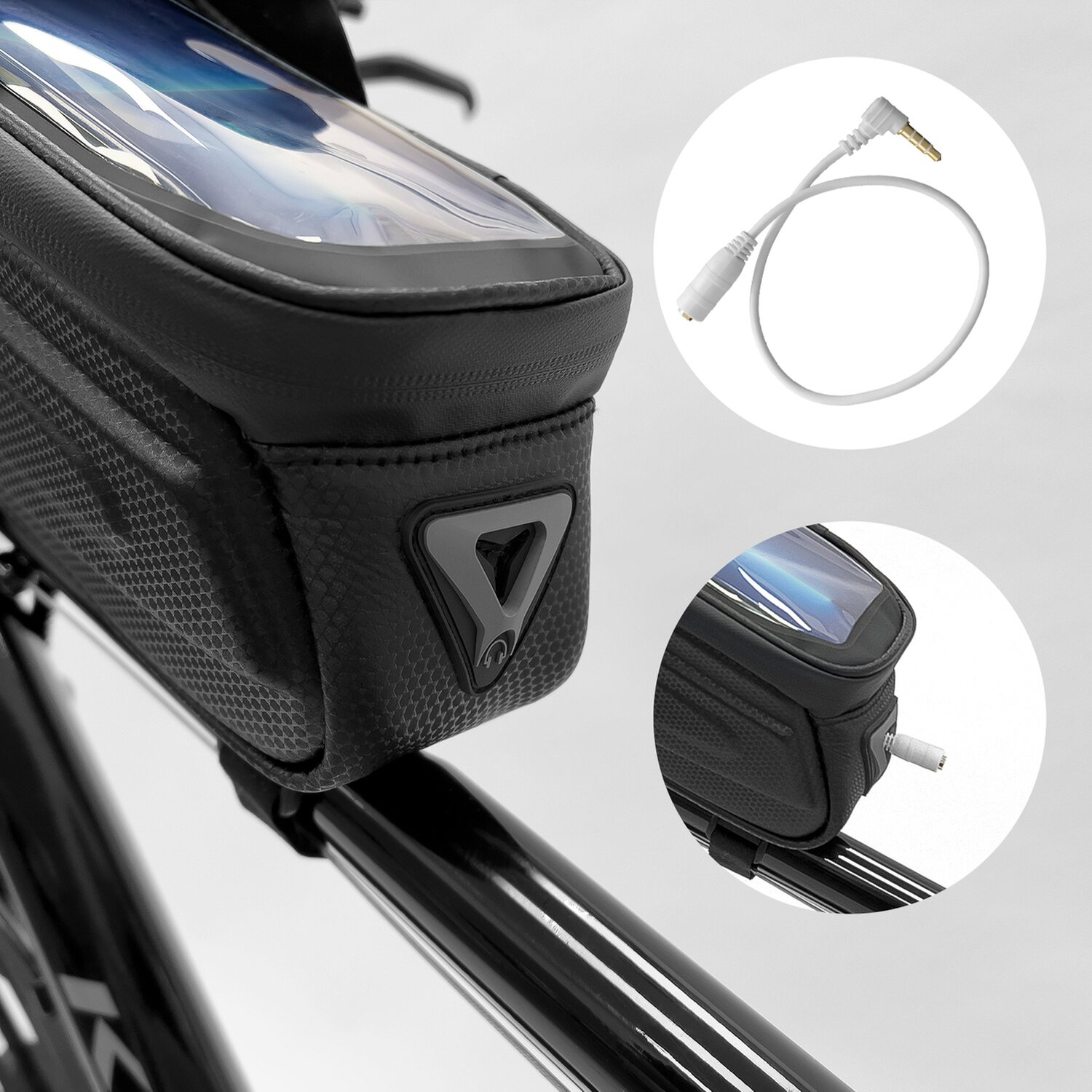 Schwarze Fahrrad-Telefontasche mit klarem Bildschirm. Ein weißes Audiokabel ist enthalten. Kleinere Ansicht der Tasche mit Kabel.
