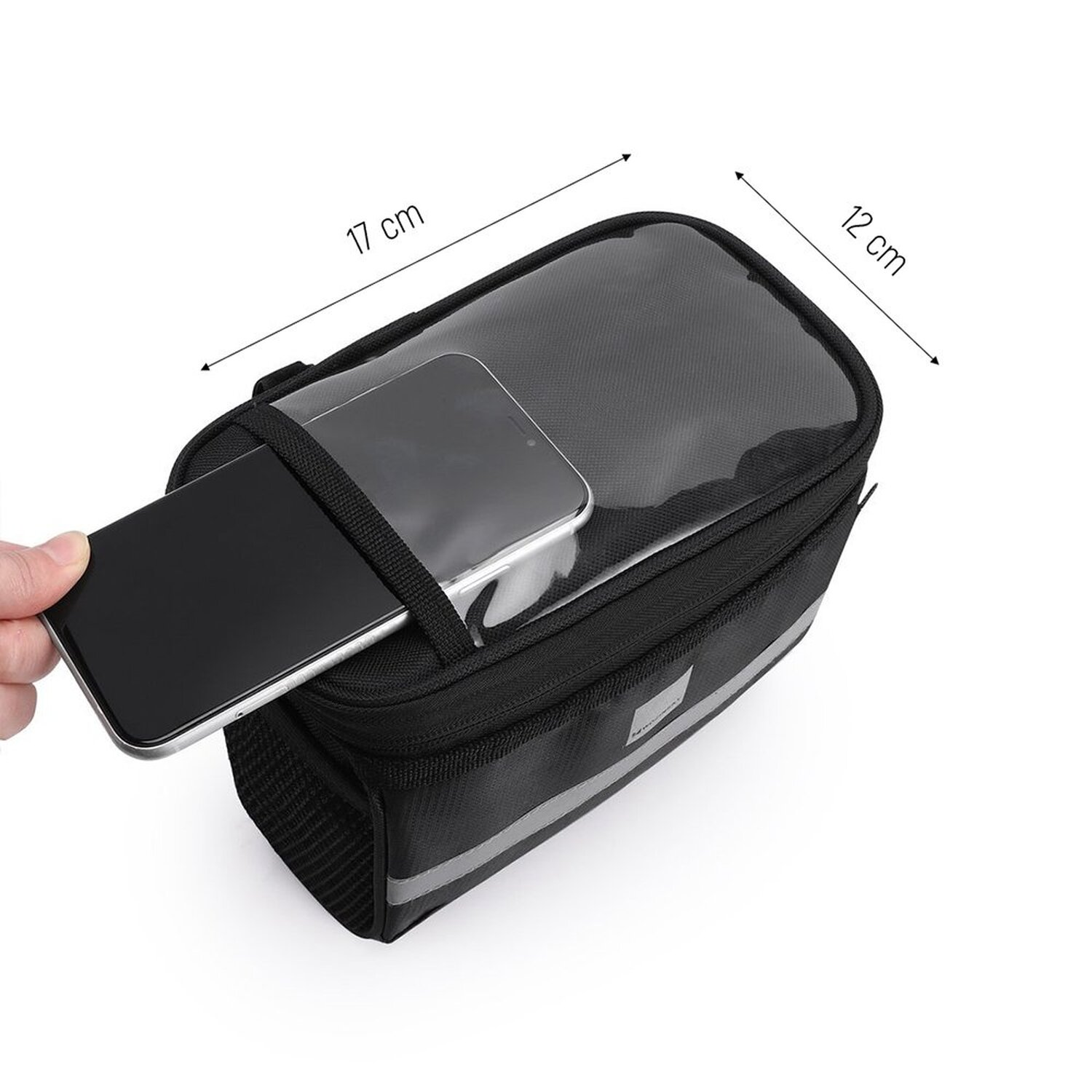 Schwarze Telefontasche mit durchsichtigem Oberteil, ein Telefon ist teilweise darin. Schwarzer Hintergrund mit weißer Kontur an den Kanten.