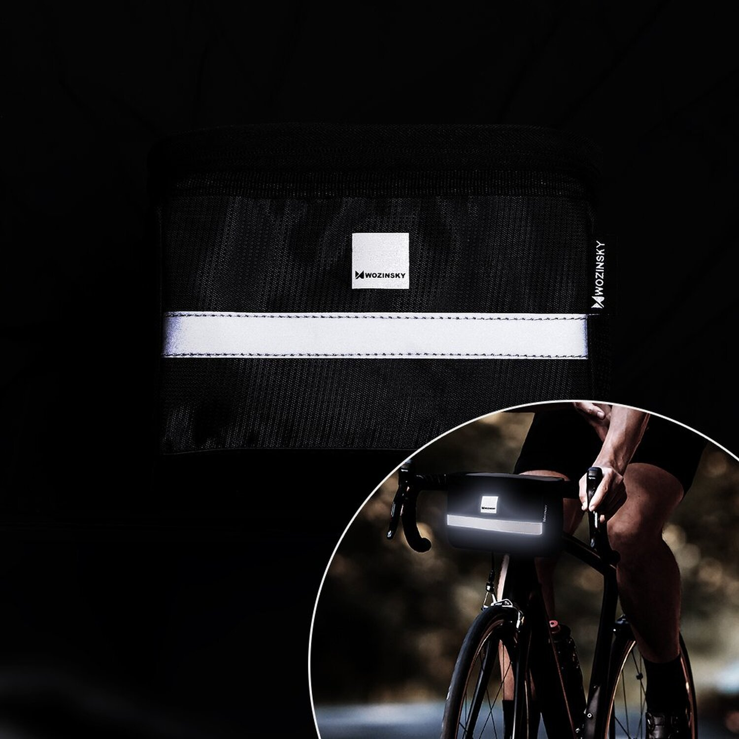 Eine schwarze, reflektierende Fahrradtasche auf schwarzem Grund und ein Radfahrer.