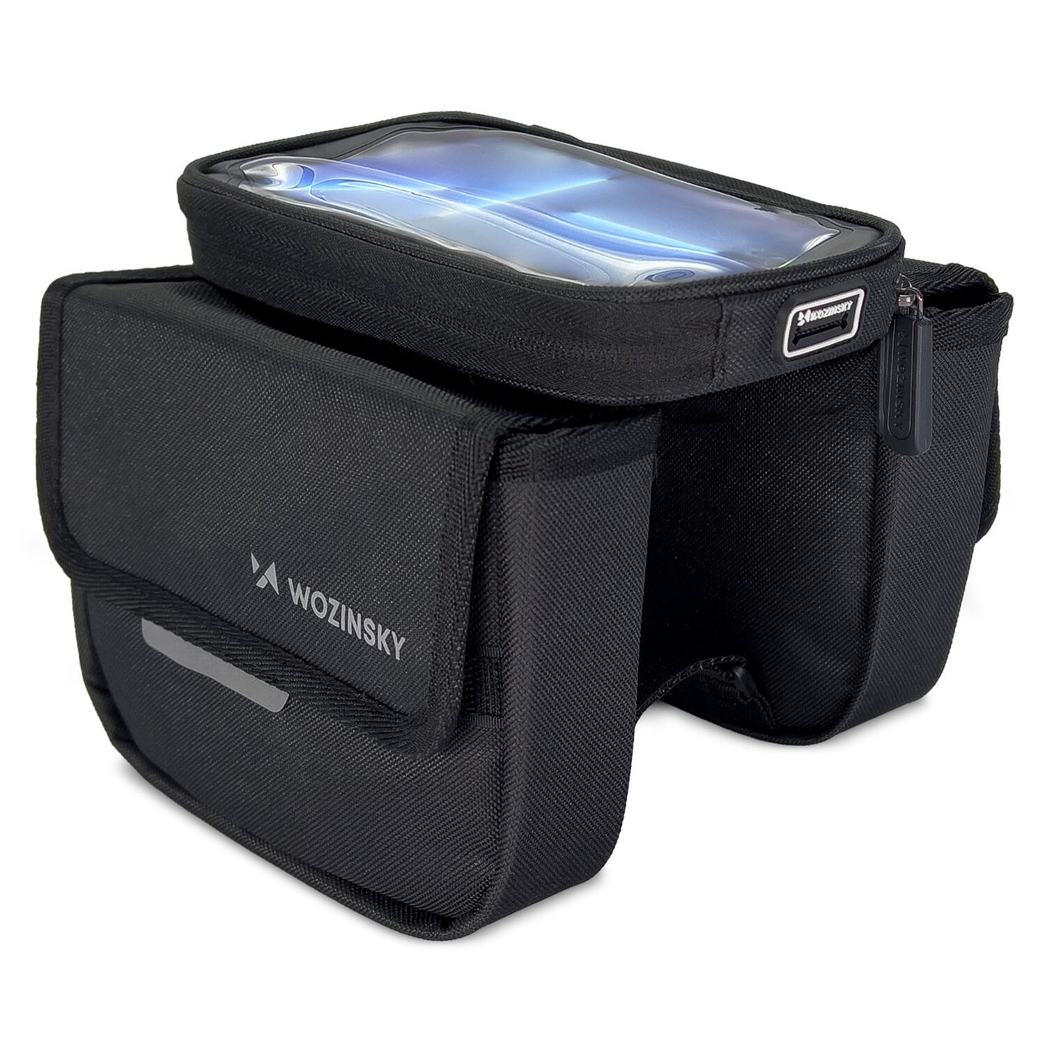 Schwarze Fahrradtasche mit durchsichtigem Oberteil für ein Telefon, Wozinsky-Logo. Hat einen Reflexstreifen.