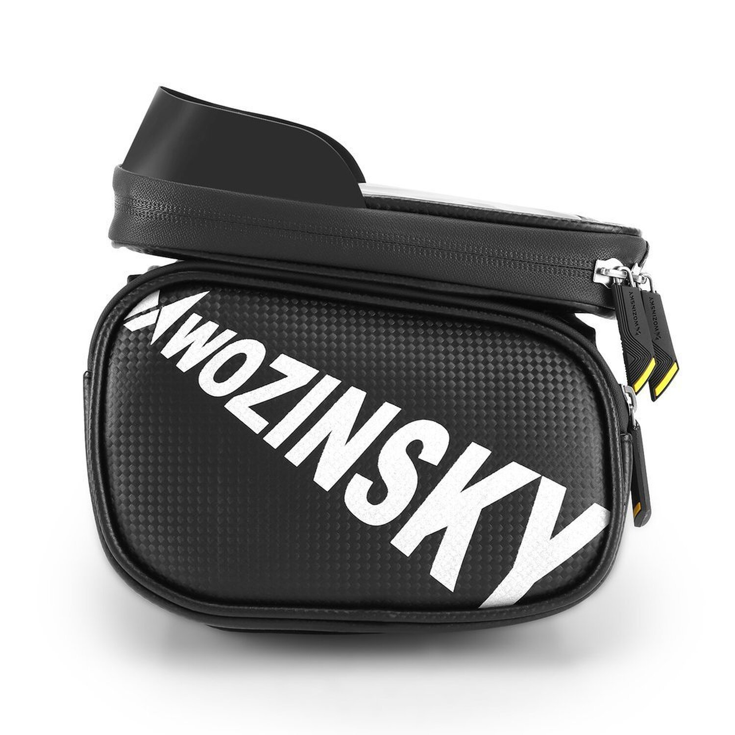 Eine schwarze Wozinsky-Fahrradtasche mit reflektierendem silbernen Streifen. Sie hat eine Telefonhalterung.