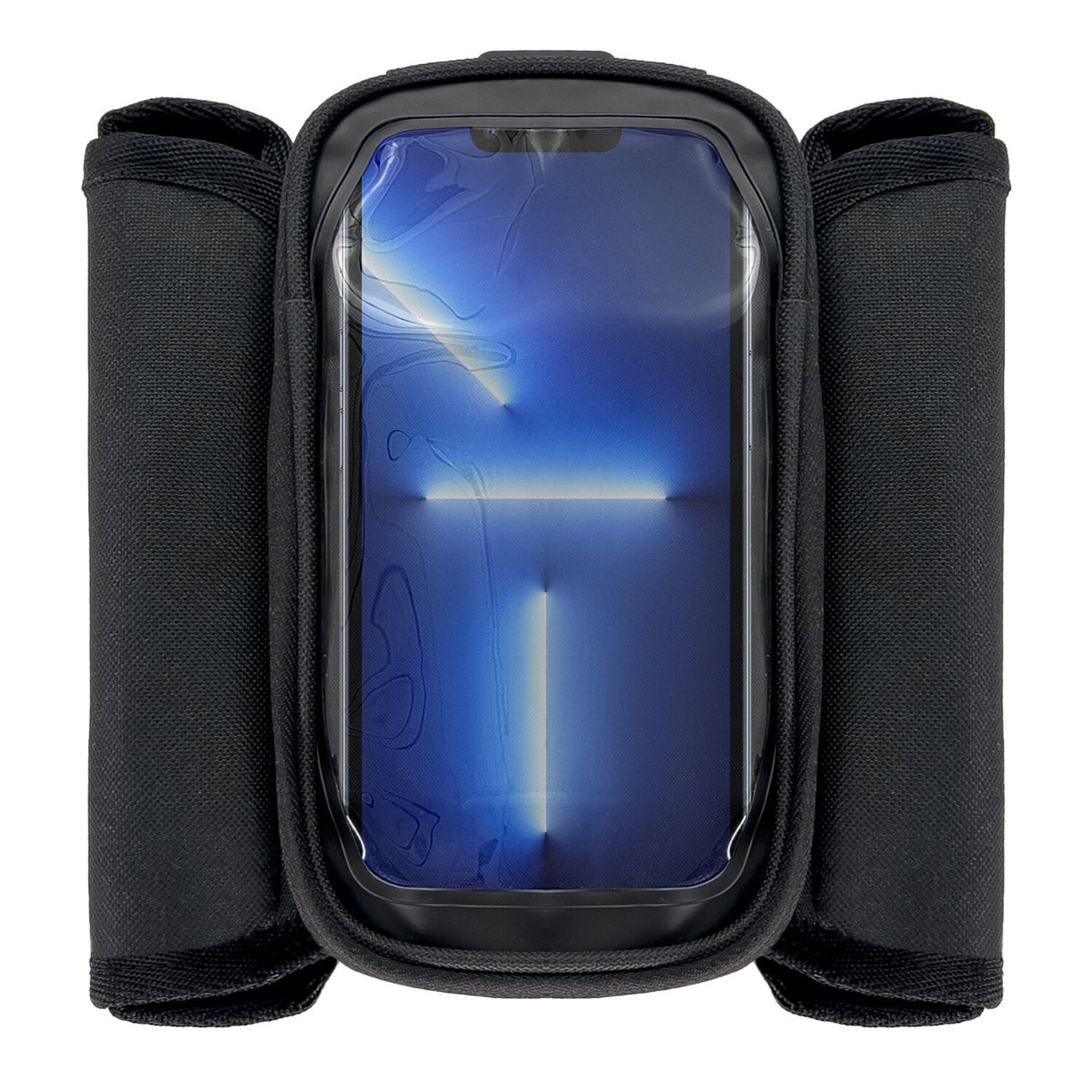 Ein schwarzes Telefon ist in einer schützenden schwarzen Hülle mit zwei gepolsterten Armlehnen gesichert.