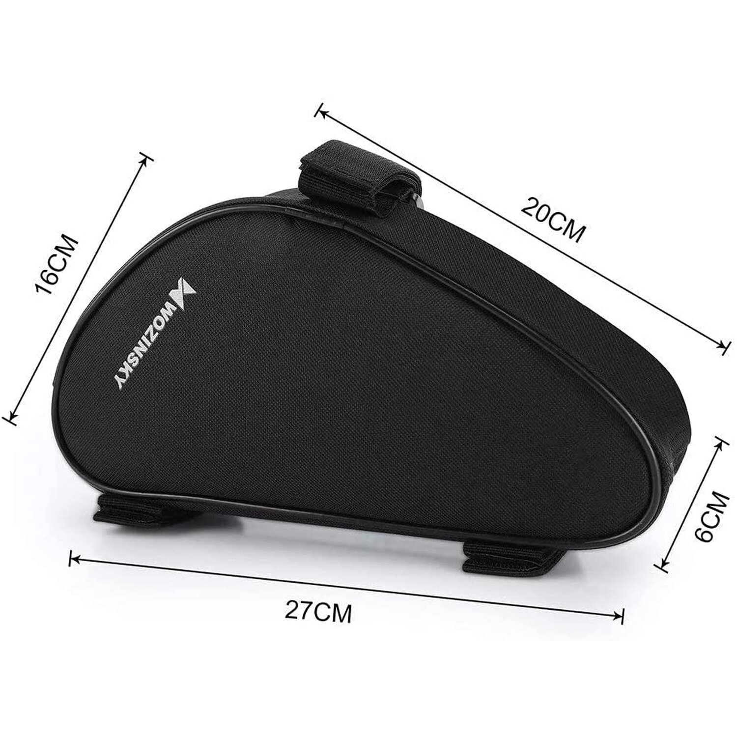 Schwarze Fahrradtasche mit angegebenen Abmessungen, vor weißem Hintergrund.