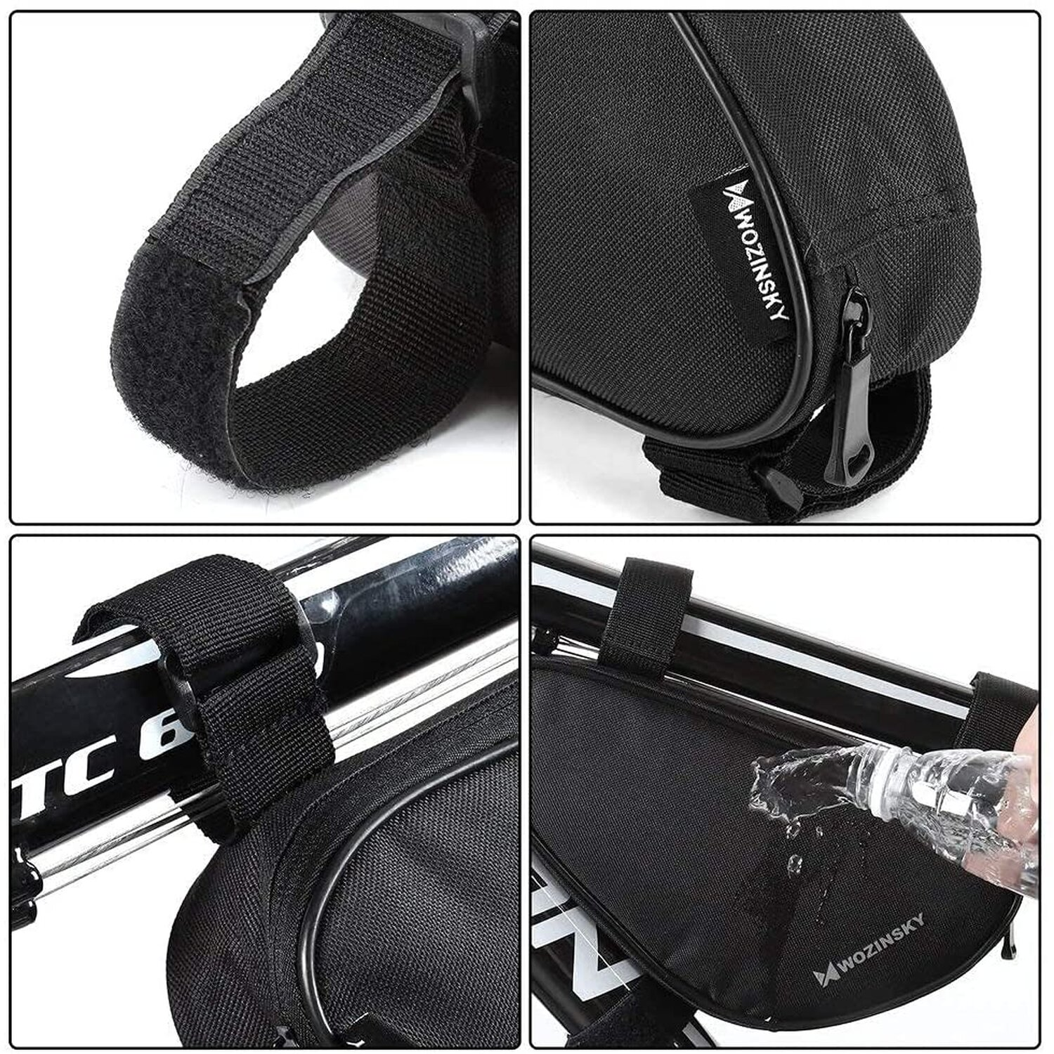Schwarze Fahrradtasche mit Klettbändern und einer Wasserflasche, die darauf gegossen wird.