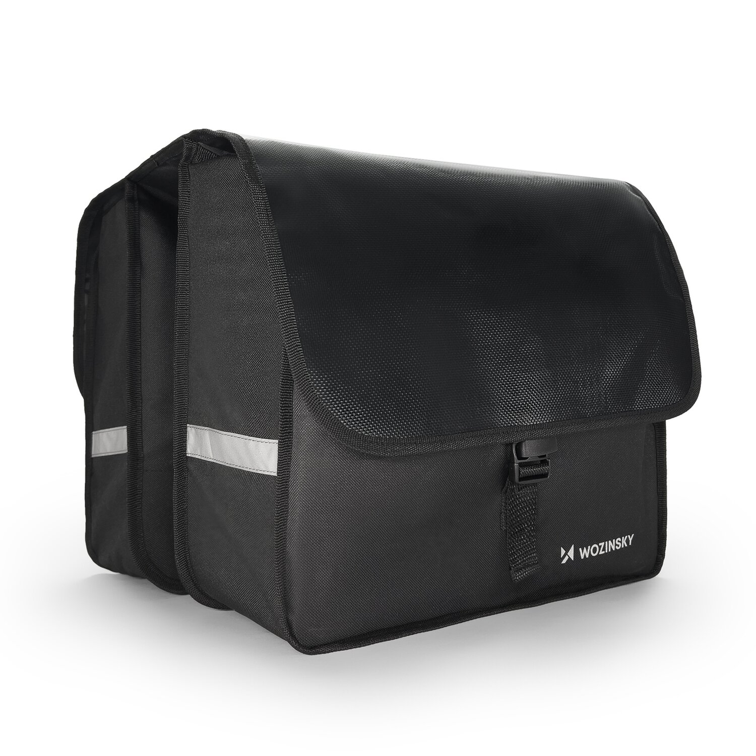 Schwarze Fahrrad-Gepäcktasche mit reflektierenden Streifen.