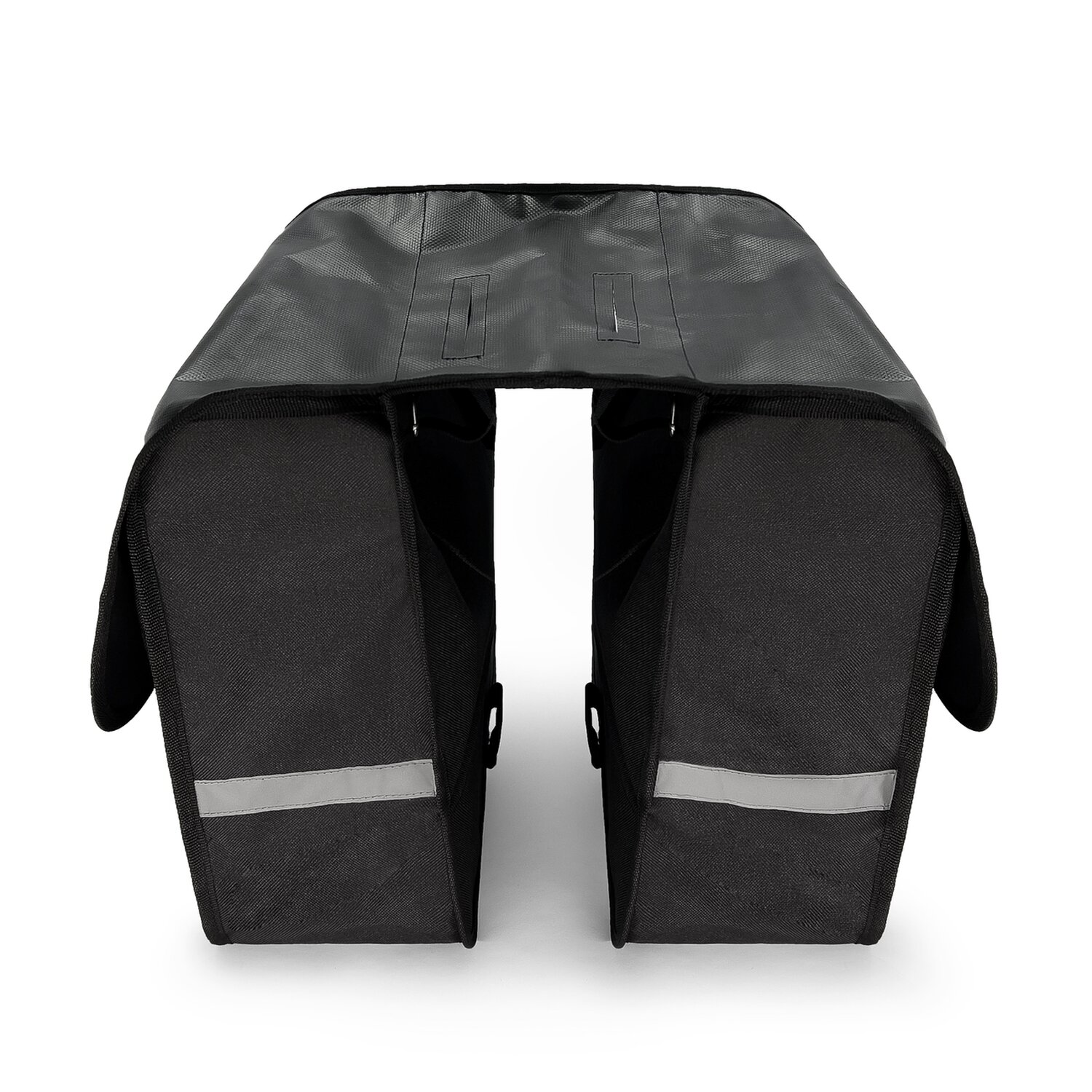 Zwei schwarze Fahrradpacktaschen nebeneinander, jede mit reflektierenden Streifen auf weißem Hintergrund.