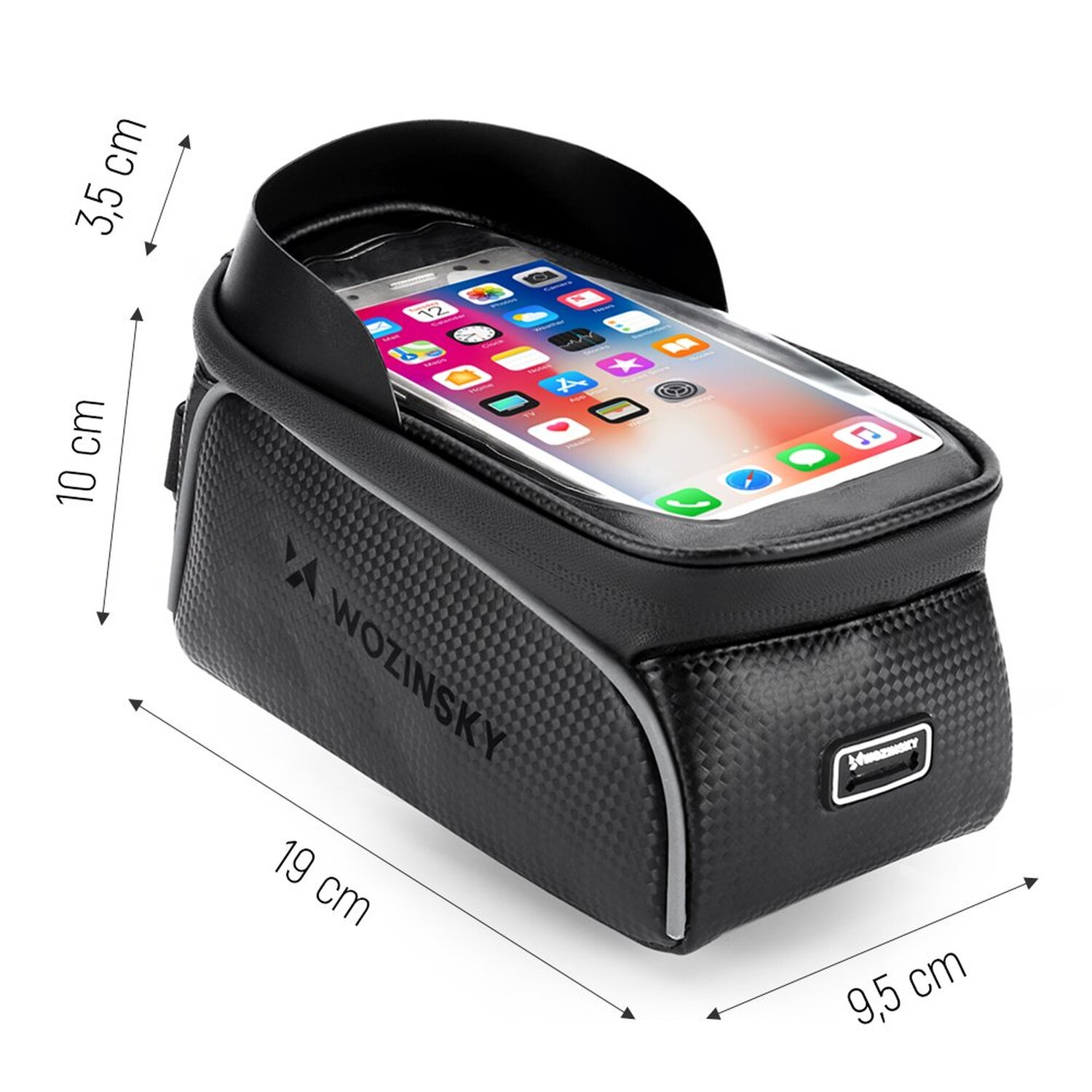 Eine schwarze Fahrrad-Telefontasche mit Telefon, Abmessungen sichtbar auf weißem Hintergrund.
