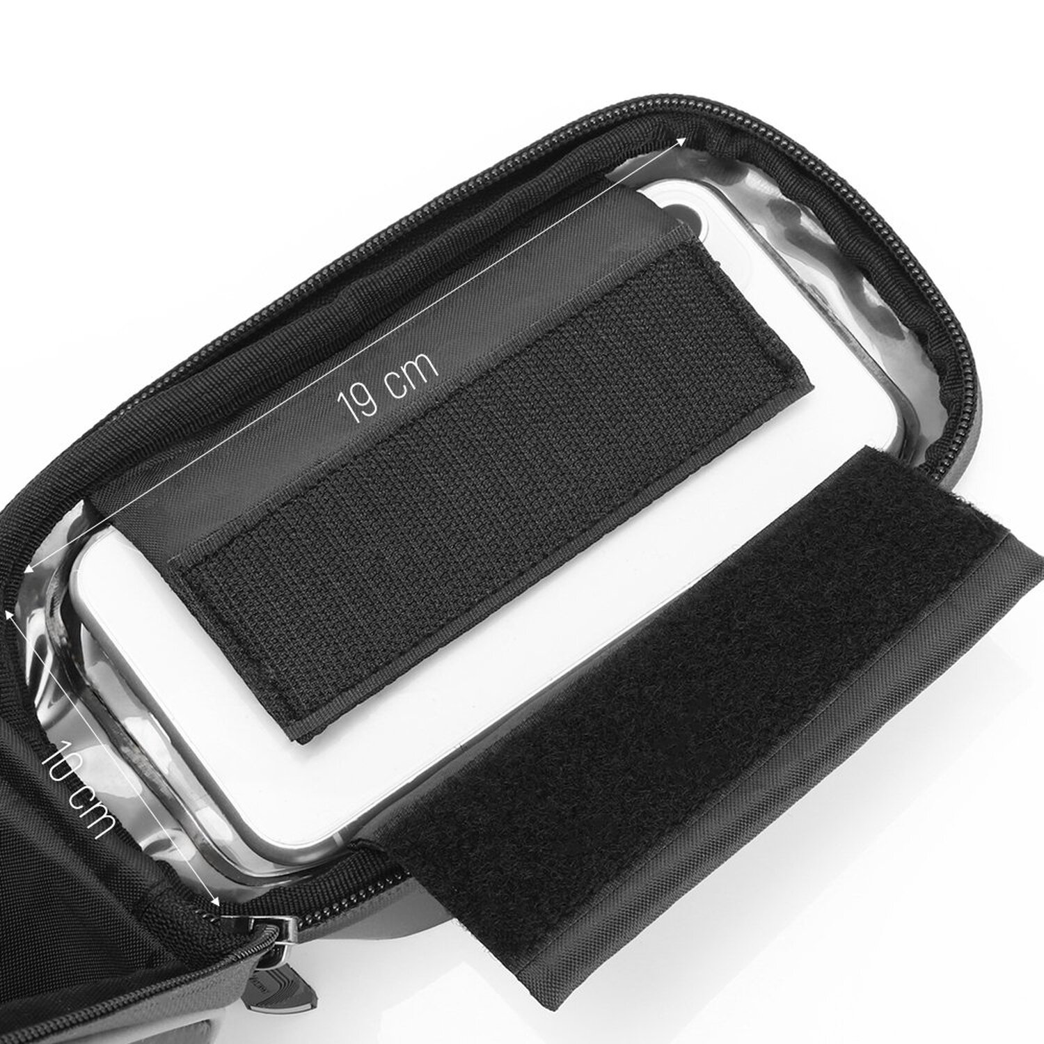 Nahaufnahme des Inneren eines Telefonhalters. Es zeigt ein Telefon im Inneren, Abmessungen mit 19 cm und 10 cm.