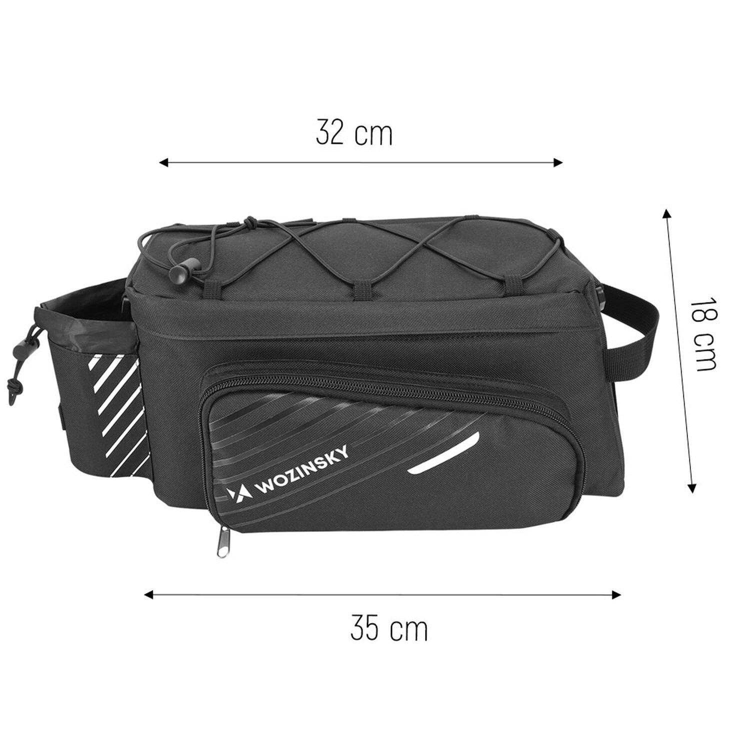 Schwarze Fahrradtasche mit beschrifteten Abmessungen. Sie hat ein Hauptfach, eine Seitentasche und einen oberen Bungee-Kordelzug.