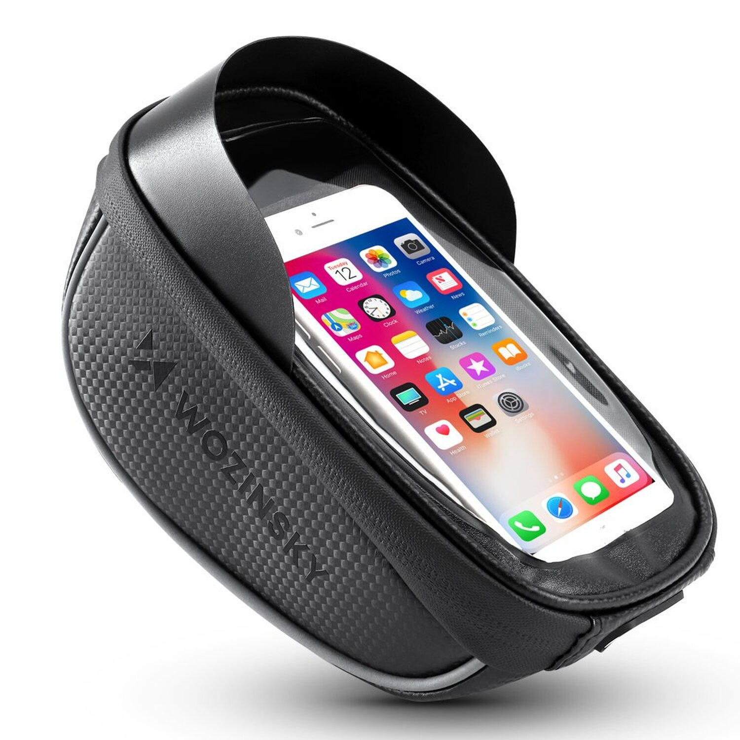 Schwarze Fahrrad-Telefontasche mit einem Telefon darin. Das Telefon zeigt App-Symbole und ein Kalender-Widget.