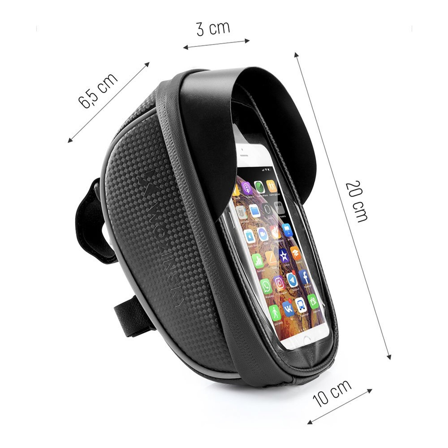 Eine schwarze Telefontasche mit Abmessungen um ein Telefon.