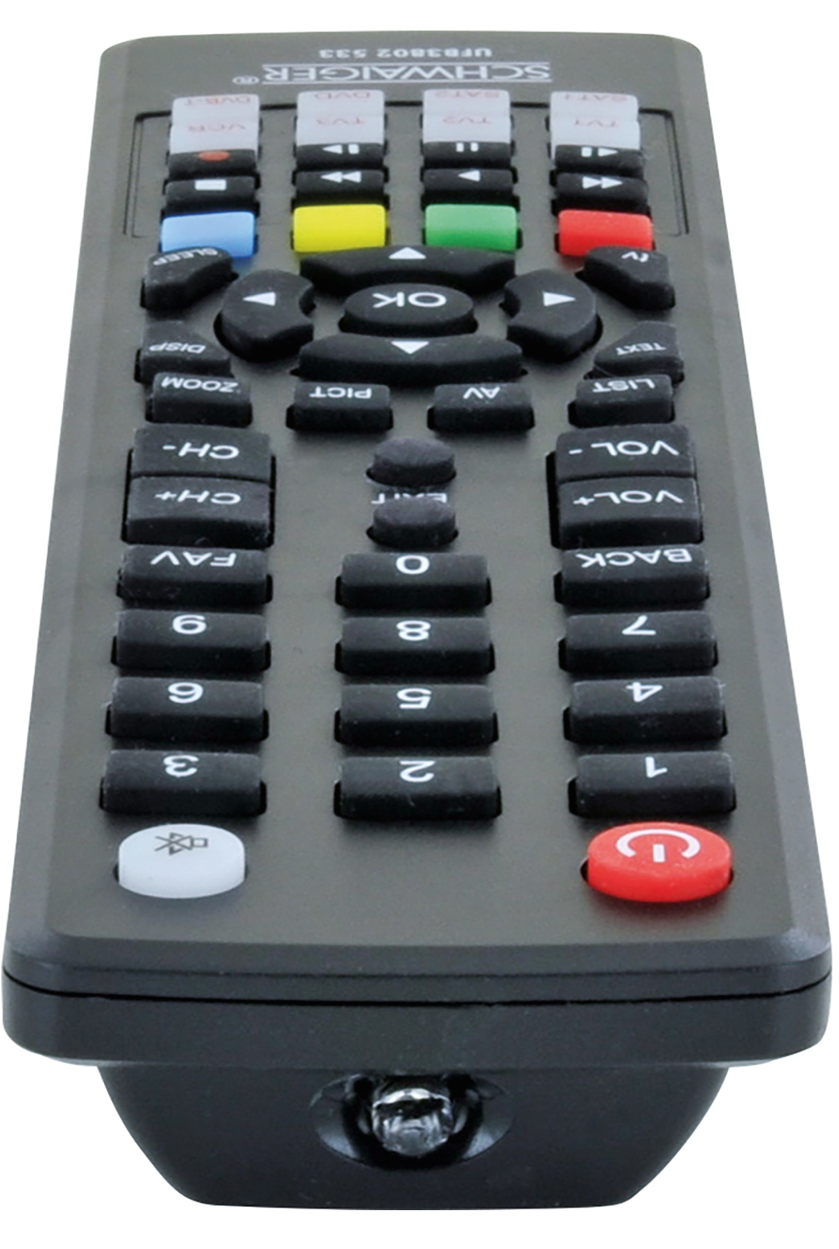 Czarny pilot z wieloma przyciskami. Marka Schwaiger. Przycisk zasilania jest czerwony.