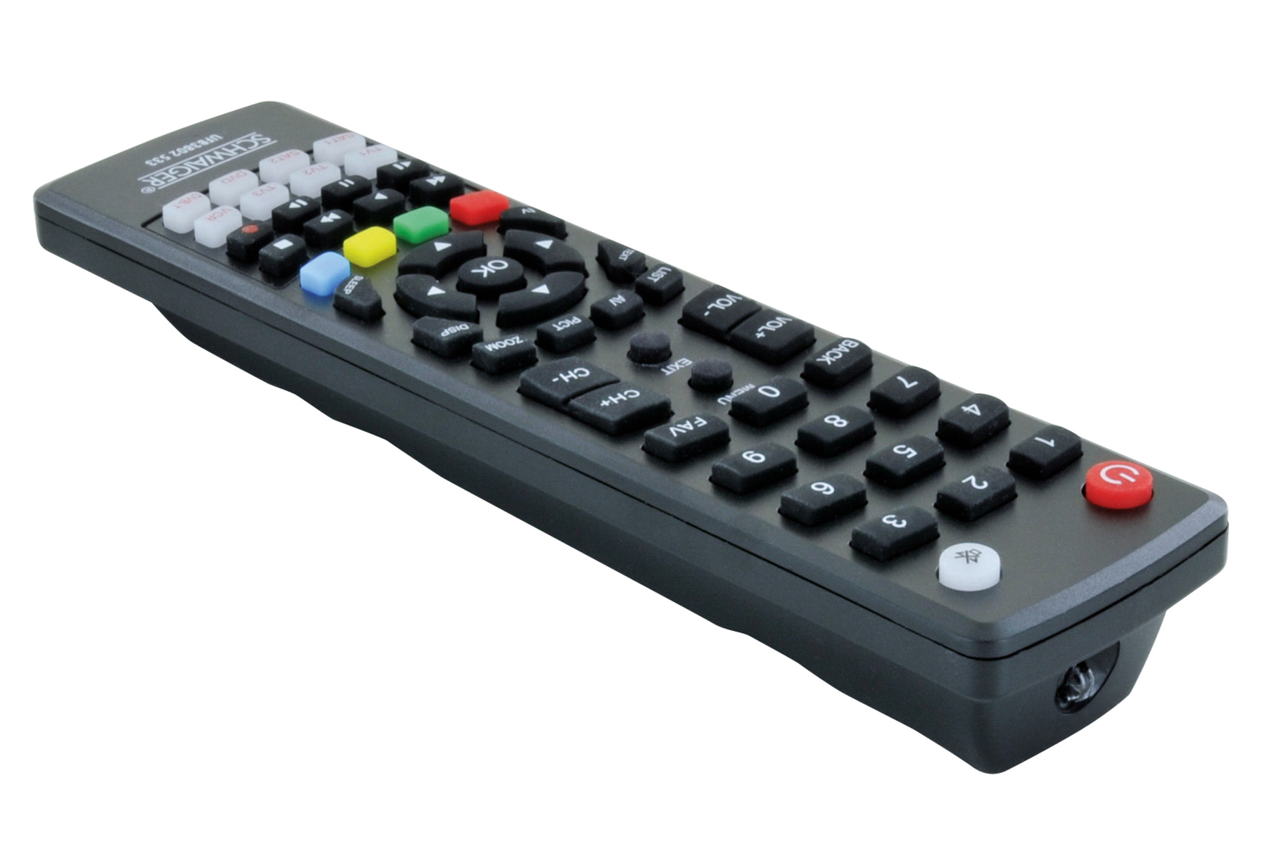 Czarny pilot z różnymi przyciskami, w tym zasilania, kanału, głośności i klawiszy numerycznych.