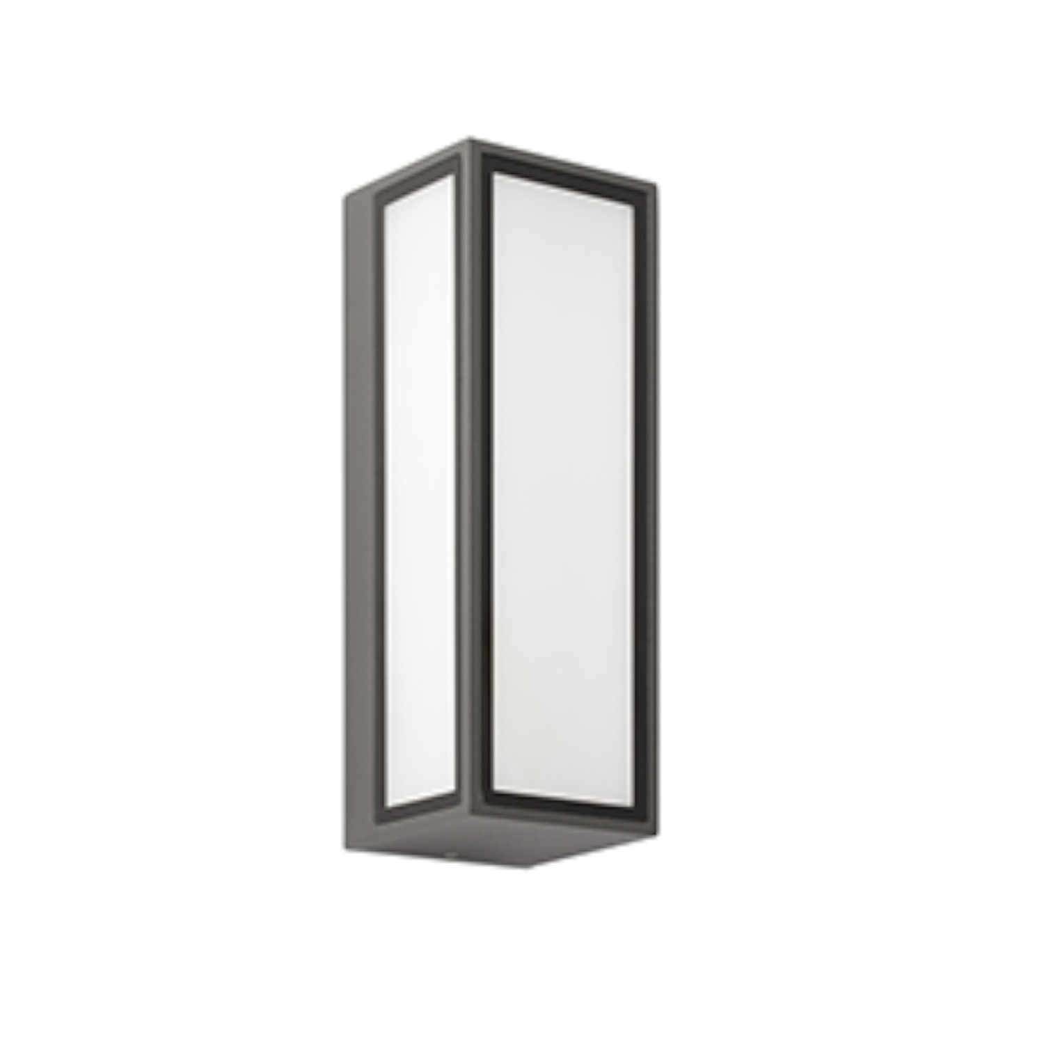 Lampada da parete esterna rettangolare grigia. Due pannelli luminosi verticali bianchi, finiture nere.