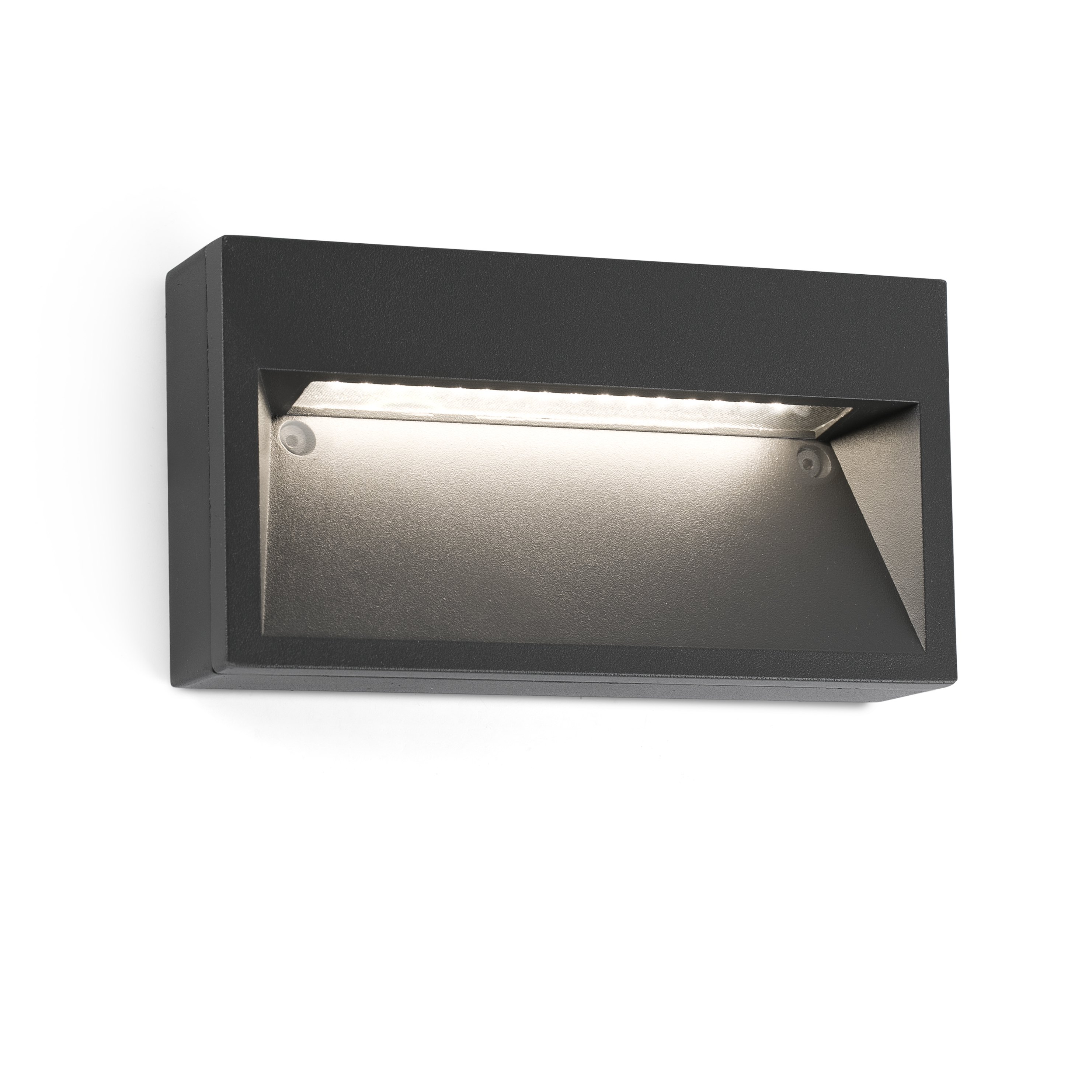 Applique da parete esterna rettangolare nera. La luce è montata su un muro bianco.