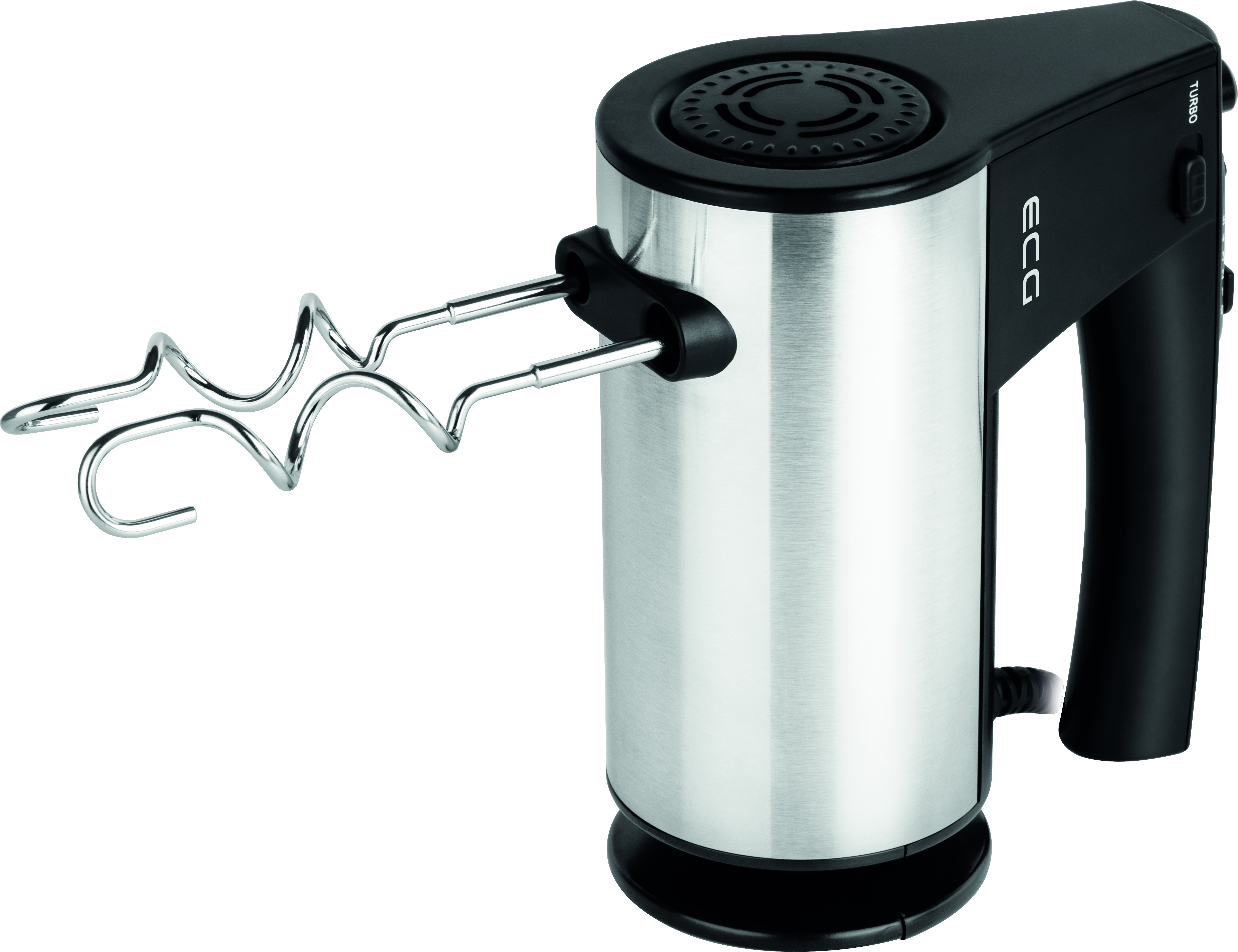 Ein schwarz-silberner Handmixer mit einem Aufsatz an der Seite. Er hat einen schwarzen Griff.
