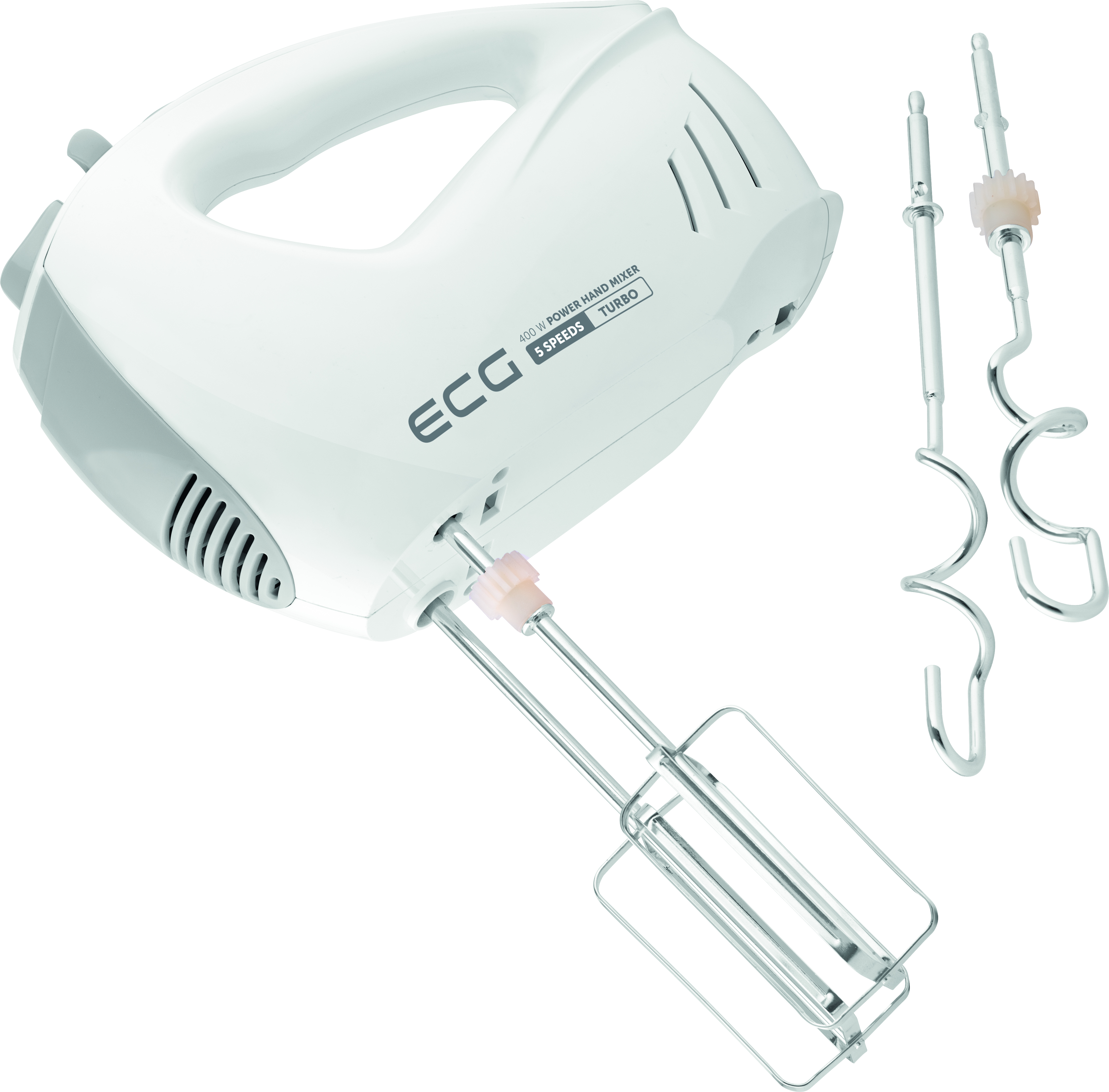 Frullatore a mano bianco con accessori. Include 5 velocità e impostazioni turbo.
