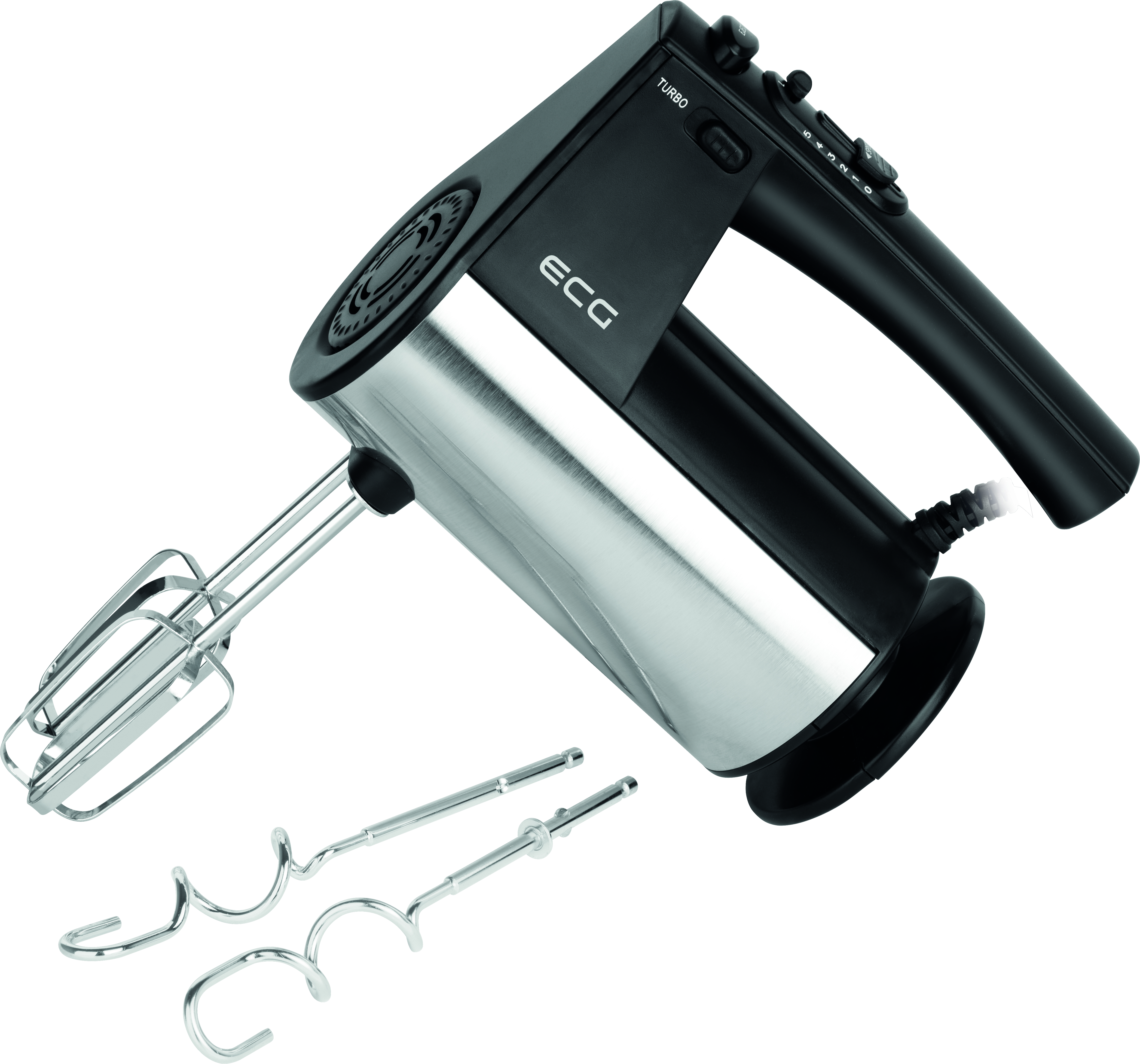 Schwarzer und silberner Handmixer mit Rührbesen. Der Mixer hat eine Turbostufe und Zahlen.