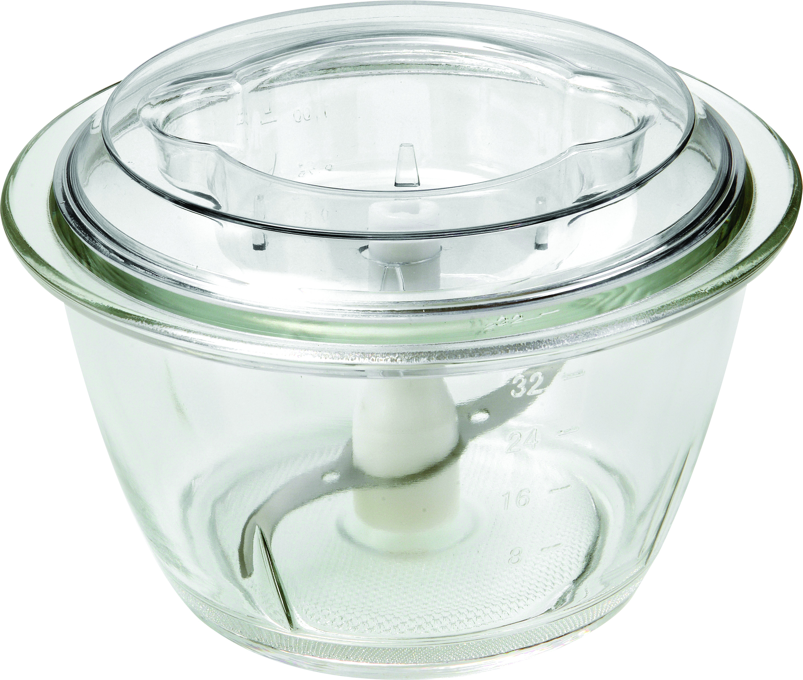 Picadora de alimentos de vidrio transparente con cuchilla. Fondo blanco.
