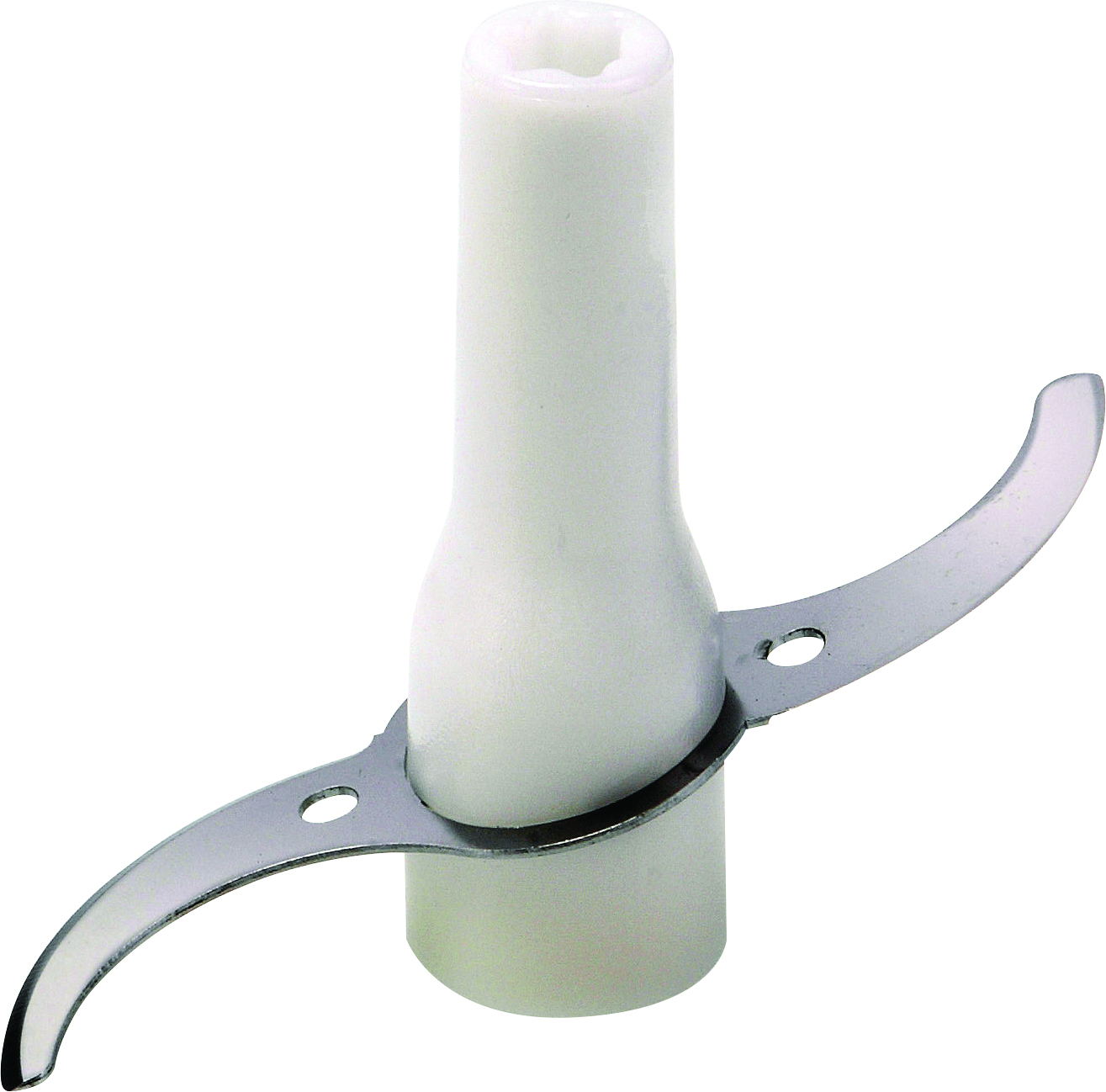 Base de plástico blanco con dos cuchillas metálicas. Aislado sobre blanco.