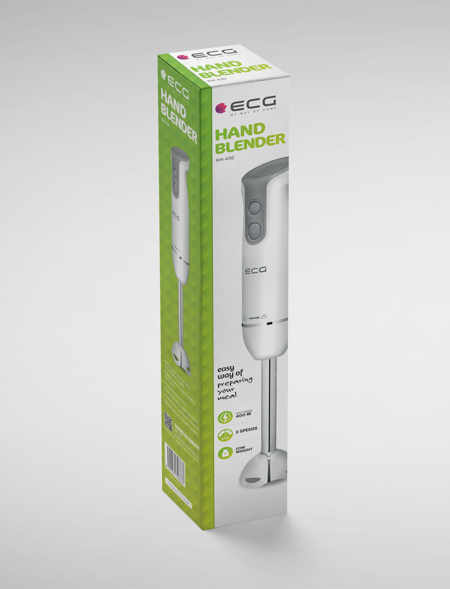 Handmixer-Box. Weiße und grüne Farben, mit einem Bild des Mixers. Weißer Hintergrund.