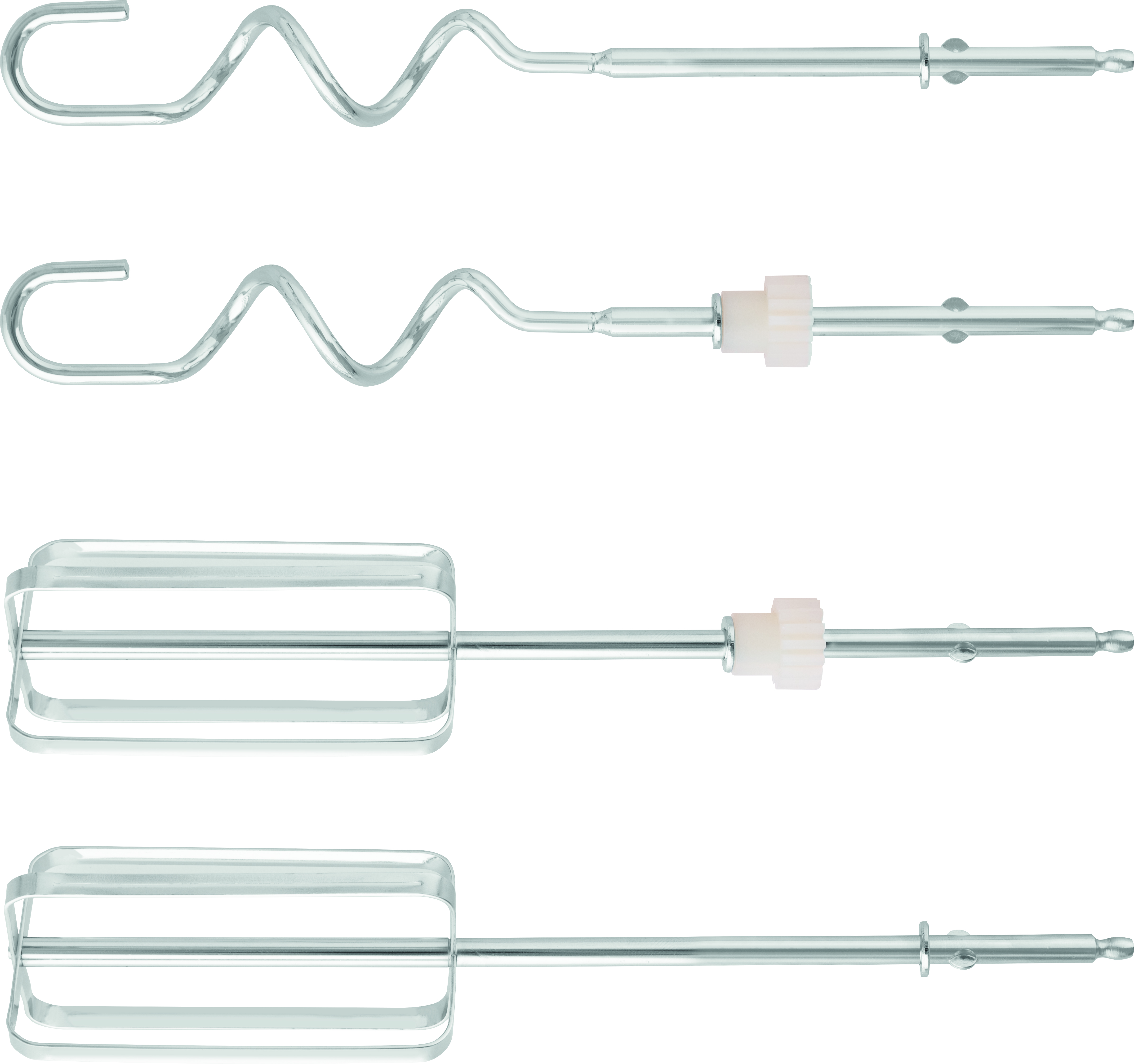Quattro diversi attacchi per mixer su sfondo bianco. Due sono a forma di spirale, due sono piatti con barre.