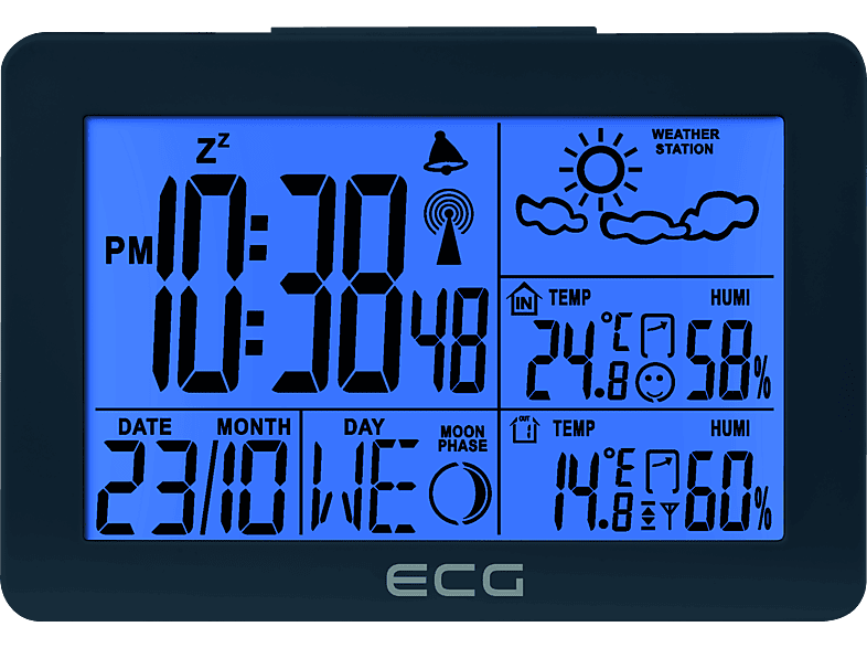 ECG MS 200 Grey | Wettervorhersage für 1 Tag | Signalgesteurte Uhr | Wettervorhersage durch Symbole | Wetterstation