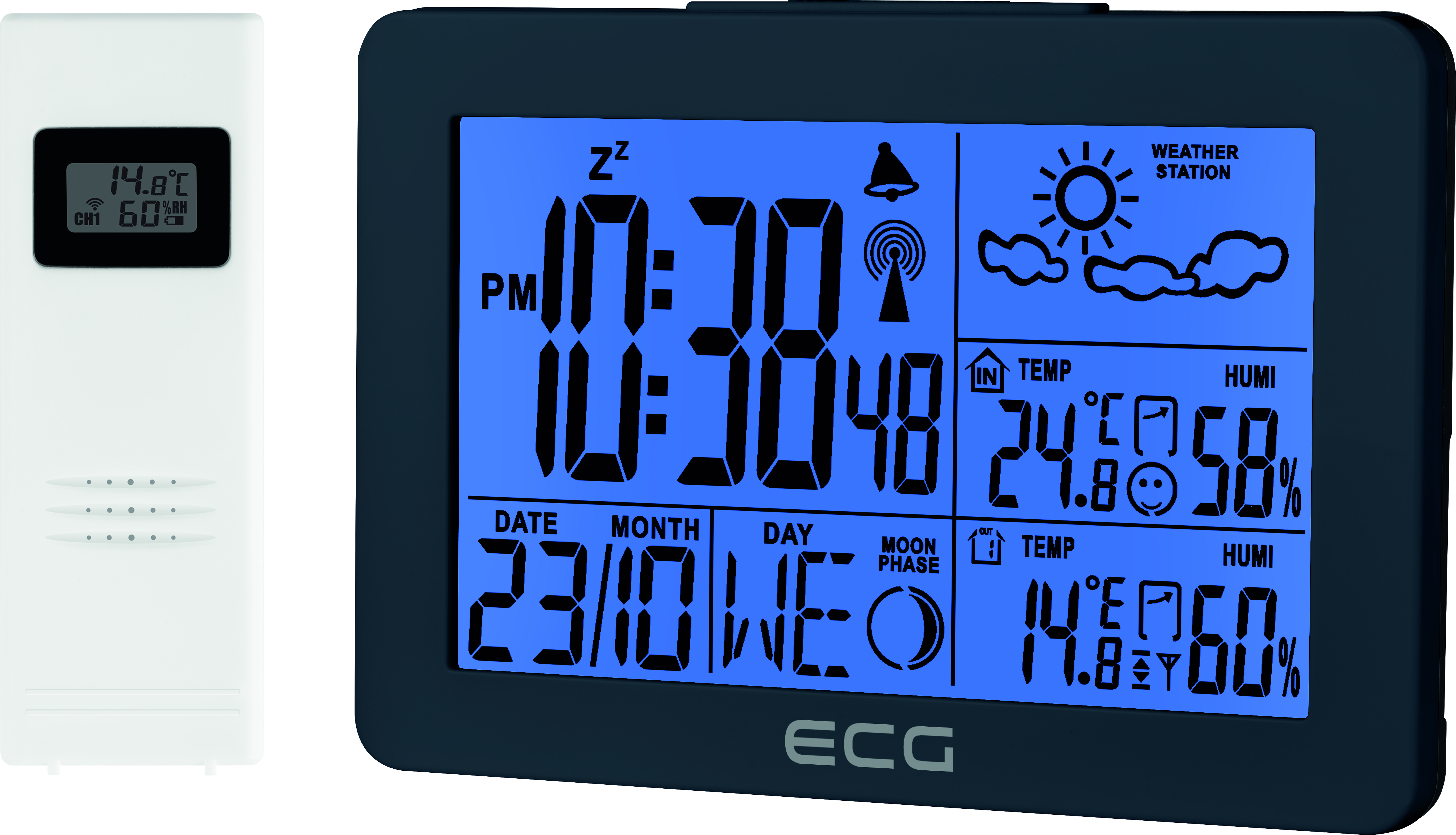 Eine Wetterstation mit einem Bildschirm, der Zeit, Datum und Temperatur anzeigt.