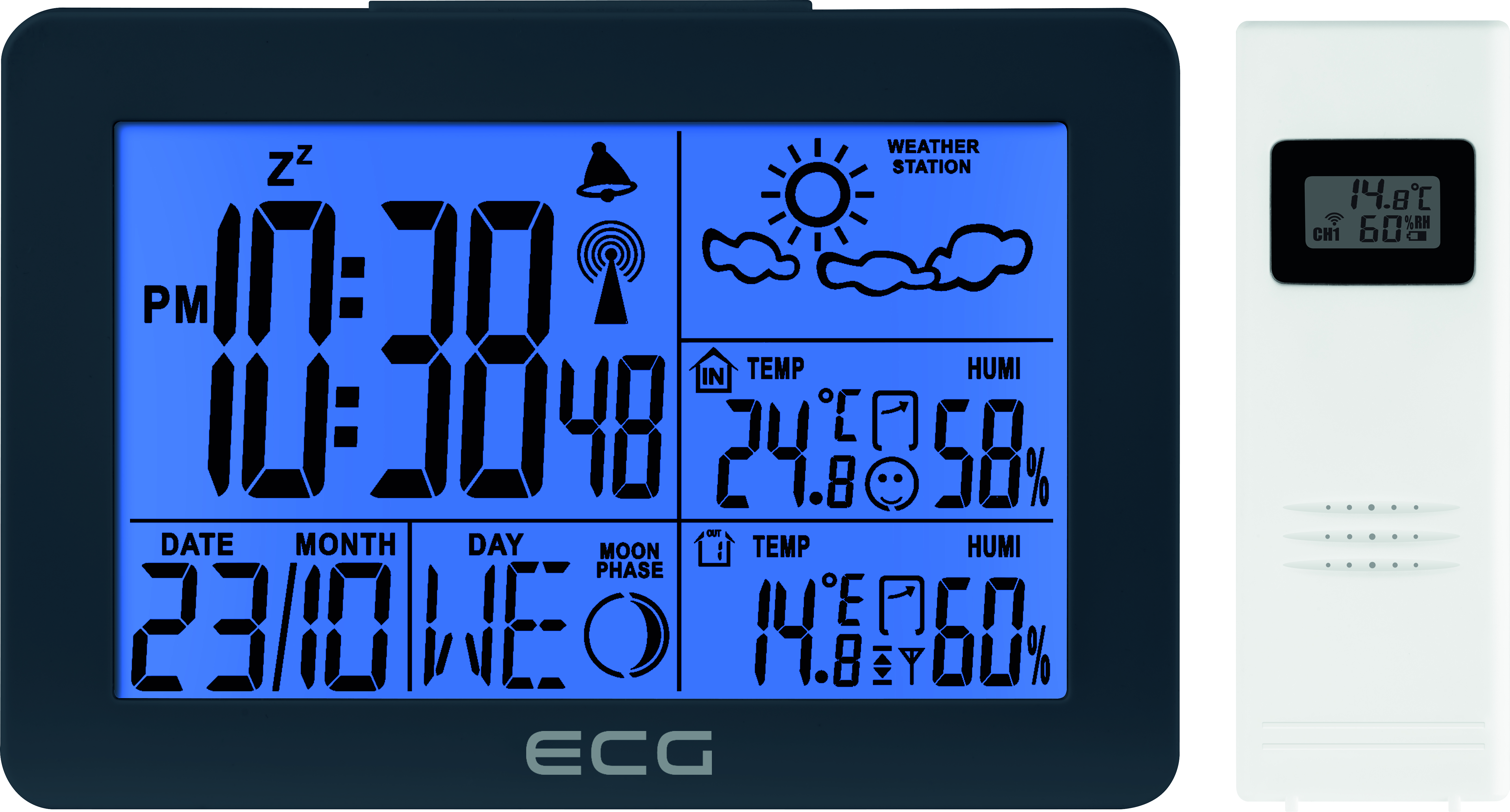 Eine Digitaluhr, die Zeit, Datum und Wetterinformationen anzeigt. Rechts ist ein kleiner, weißer Wettersensor.
