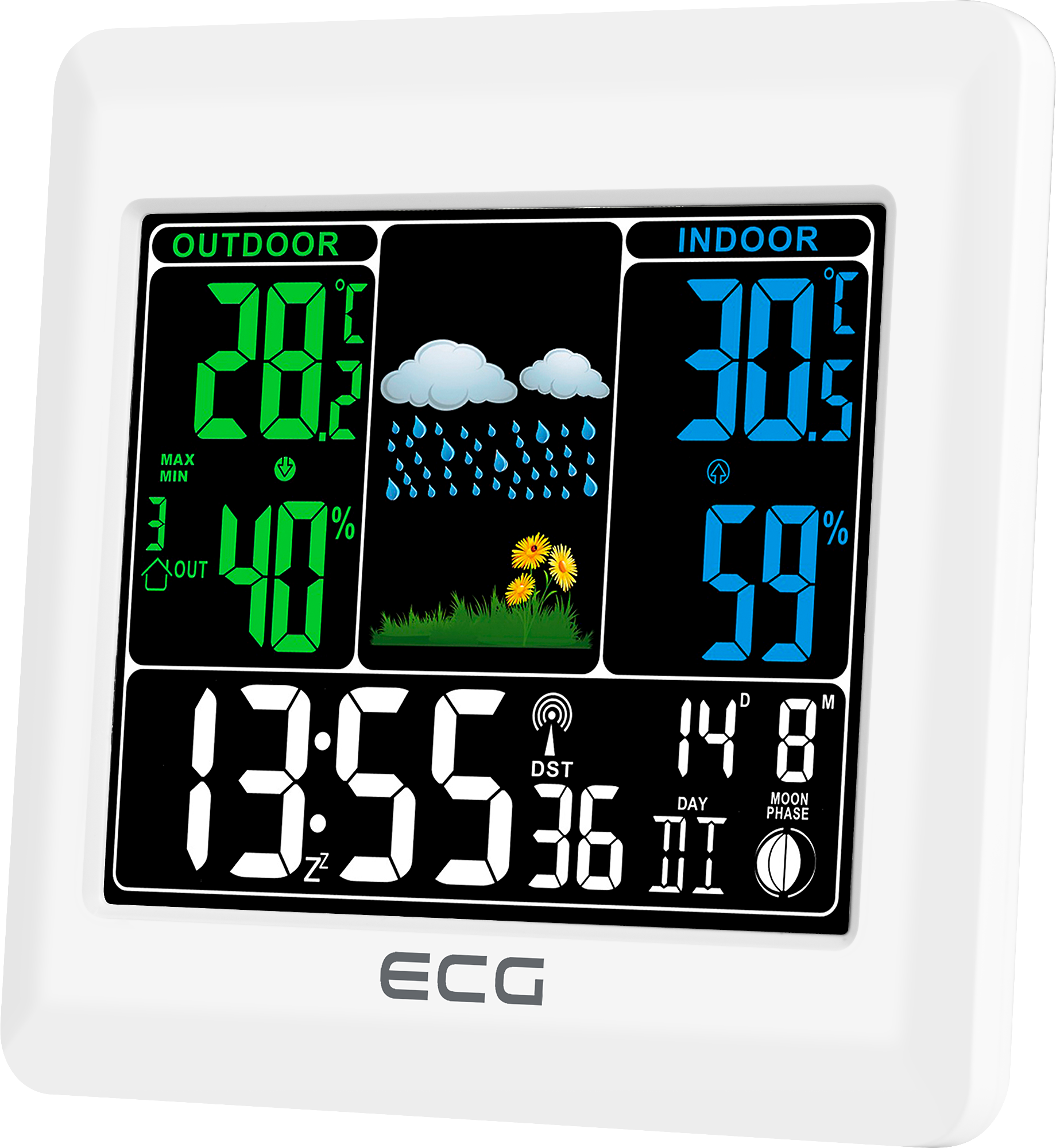 ECG MS und Wetterstation Innen- | 300 | Feuchtigkeit Außentemperatur | | Wetterstation White