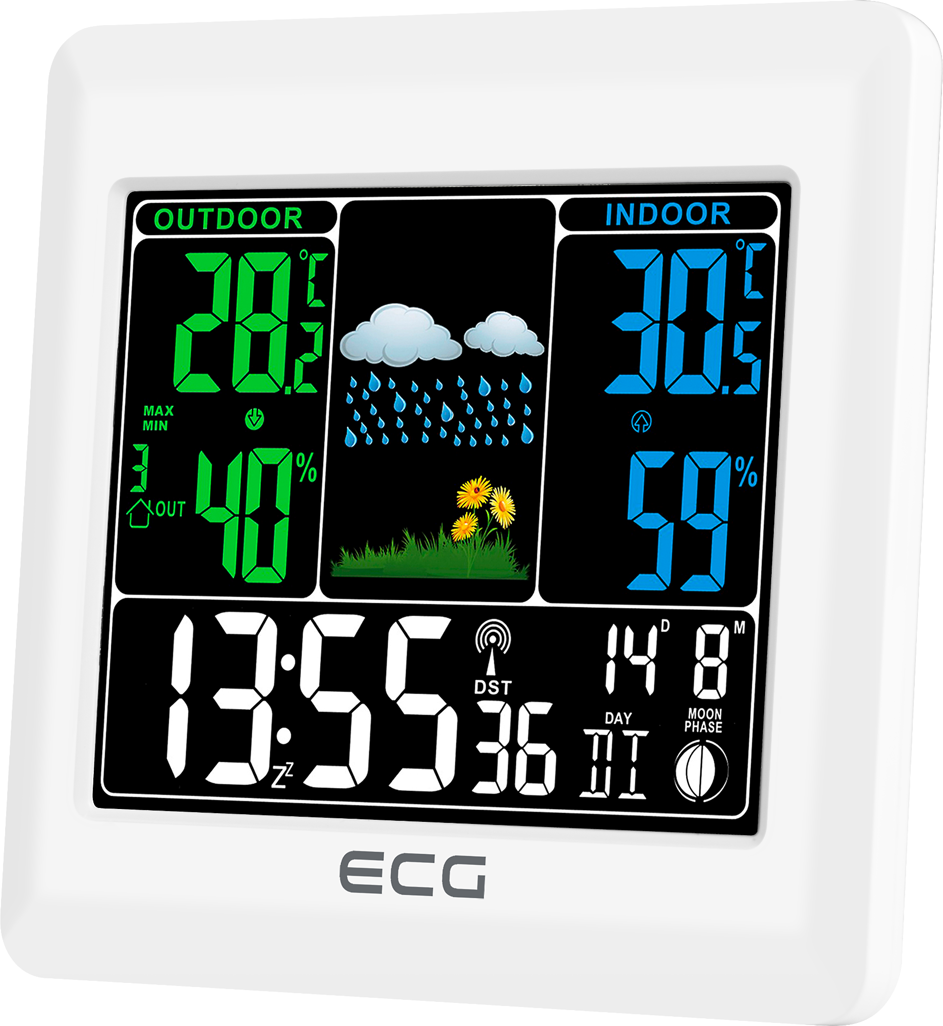 Eine weiße Wetterstation mit Anzeige von Außen- und Innentemperatur, Luftfeuchtigkeit und Zeit.