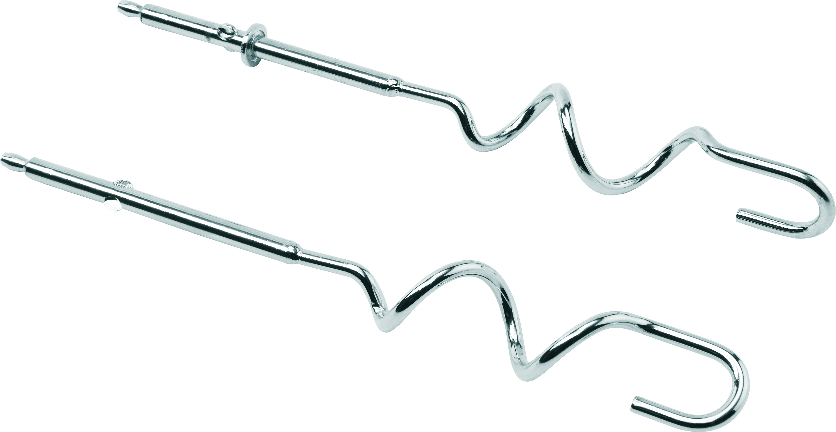 Zwei Mixer-Schläger, silberfarben, gebogen und hakenförmig. Sauberer, weißer Hintergrund, Studiobeleuchtung.