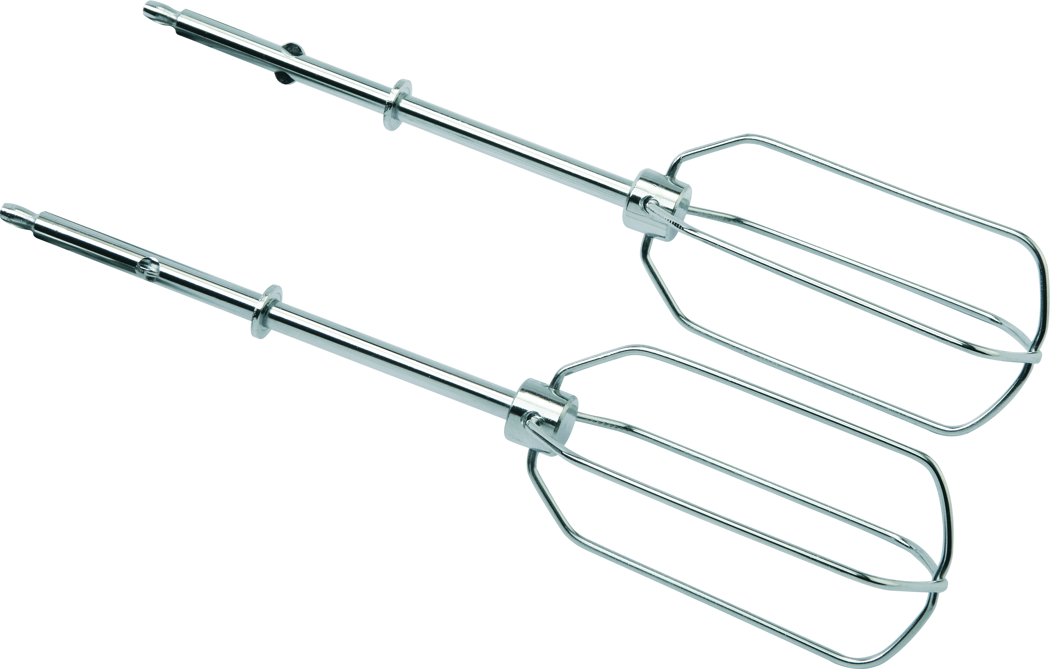 Zwei verchromte Mixer-Schneebesen, nebeneinander, mit rechteckigem Drahtrahmen.