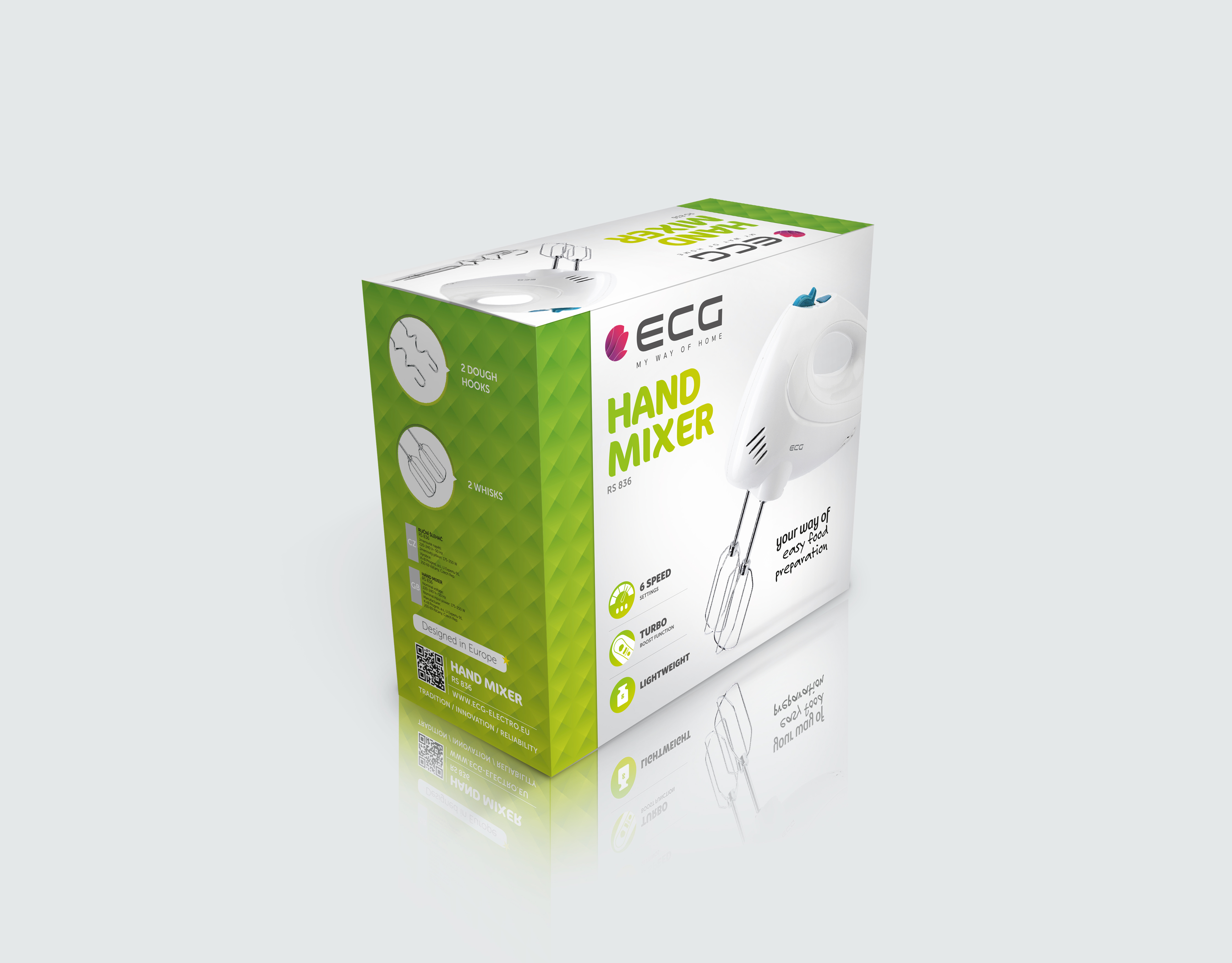 Eine Handmixer-Box auf weißem Untergrund. Sie ist weiß und grün und zeigt den Mixer und Text.