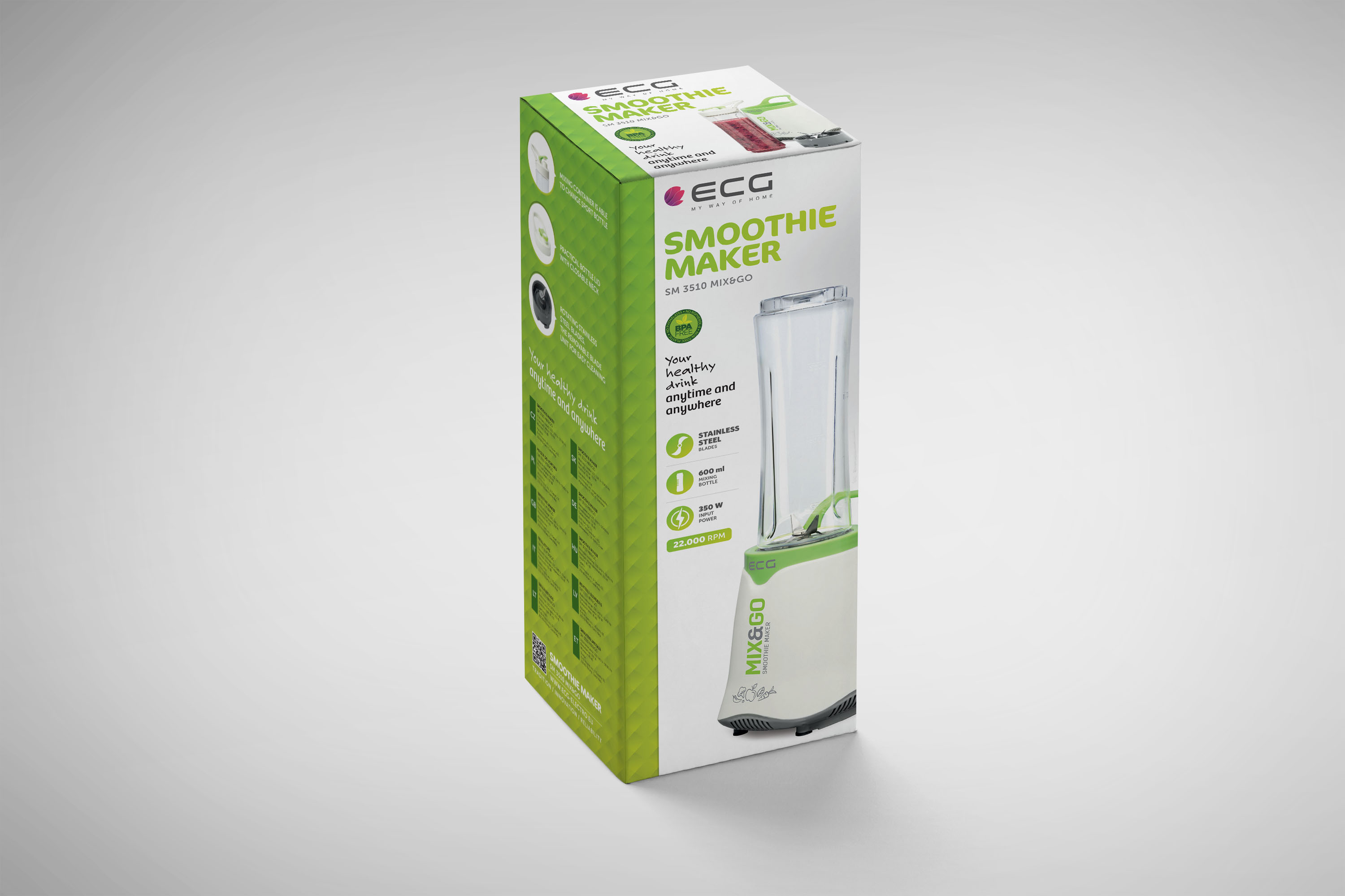 Una scatola per frullatore con design verde e bianco. Il testo include 'frullatore' e dettagli del prodotto.