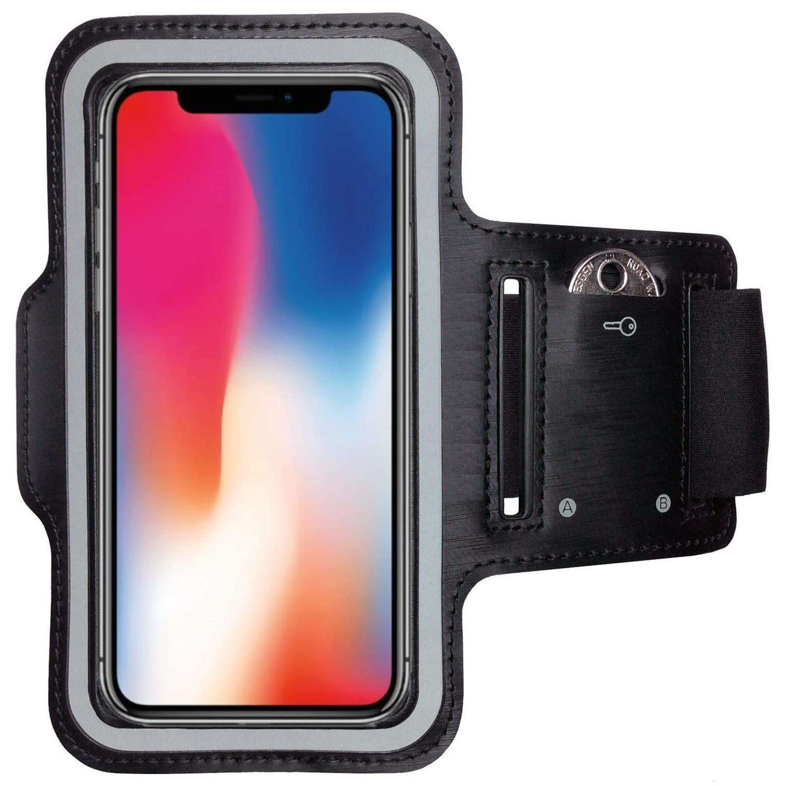 Ein schwarzes Telefon-Armband. Es hält ein Telefon mit farbenfrohem Bildschirm. Hat einen Riemen und eine kleine Tasche.