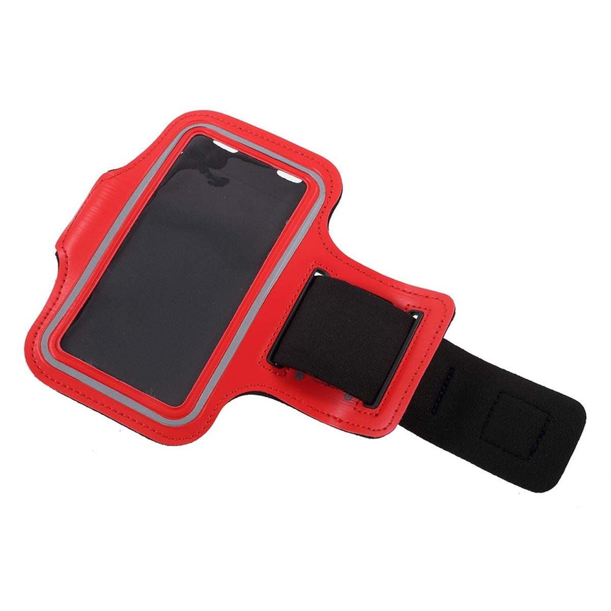 Rotes Armband mit einem Telefon, schwarzem Riemen und einer transparenten Kunststoffabdeckung.