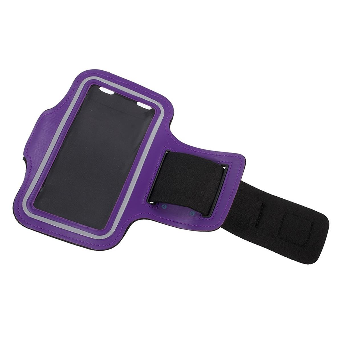 Lilafarbene Telefon-Armbinde mit schwarzem Riemen. Die Armbinde befindet sich auf weißem Hintergrund.