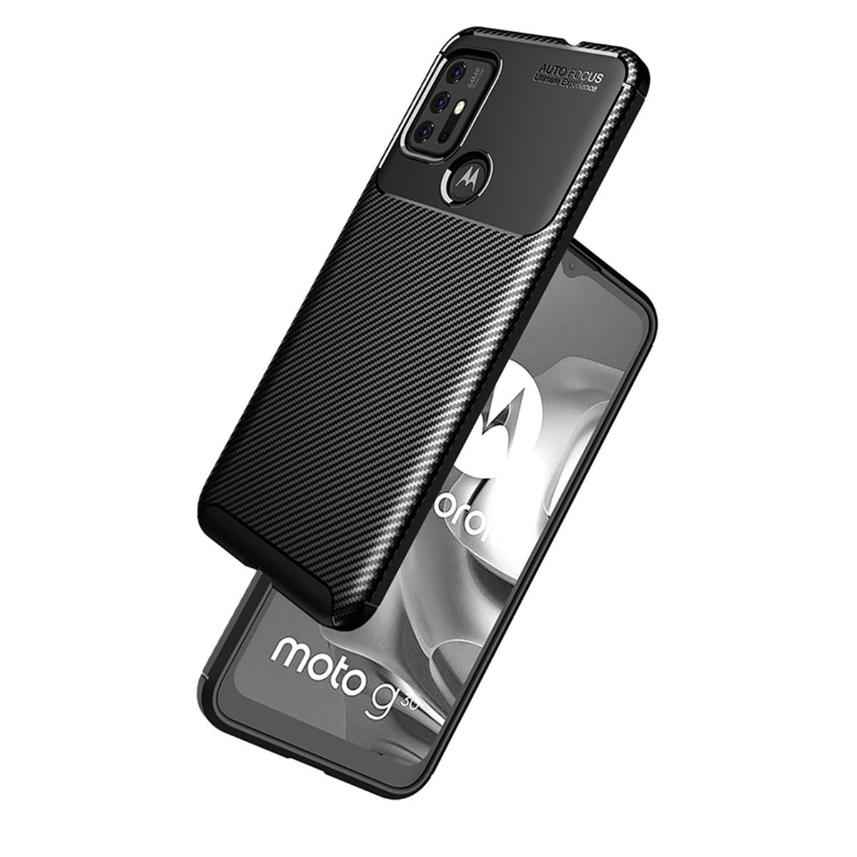 Look, schwarz Moto im Backcover, G30, Carbon Handycase Motorola, COVERKINGZ