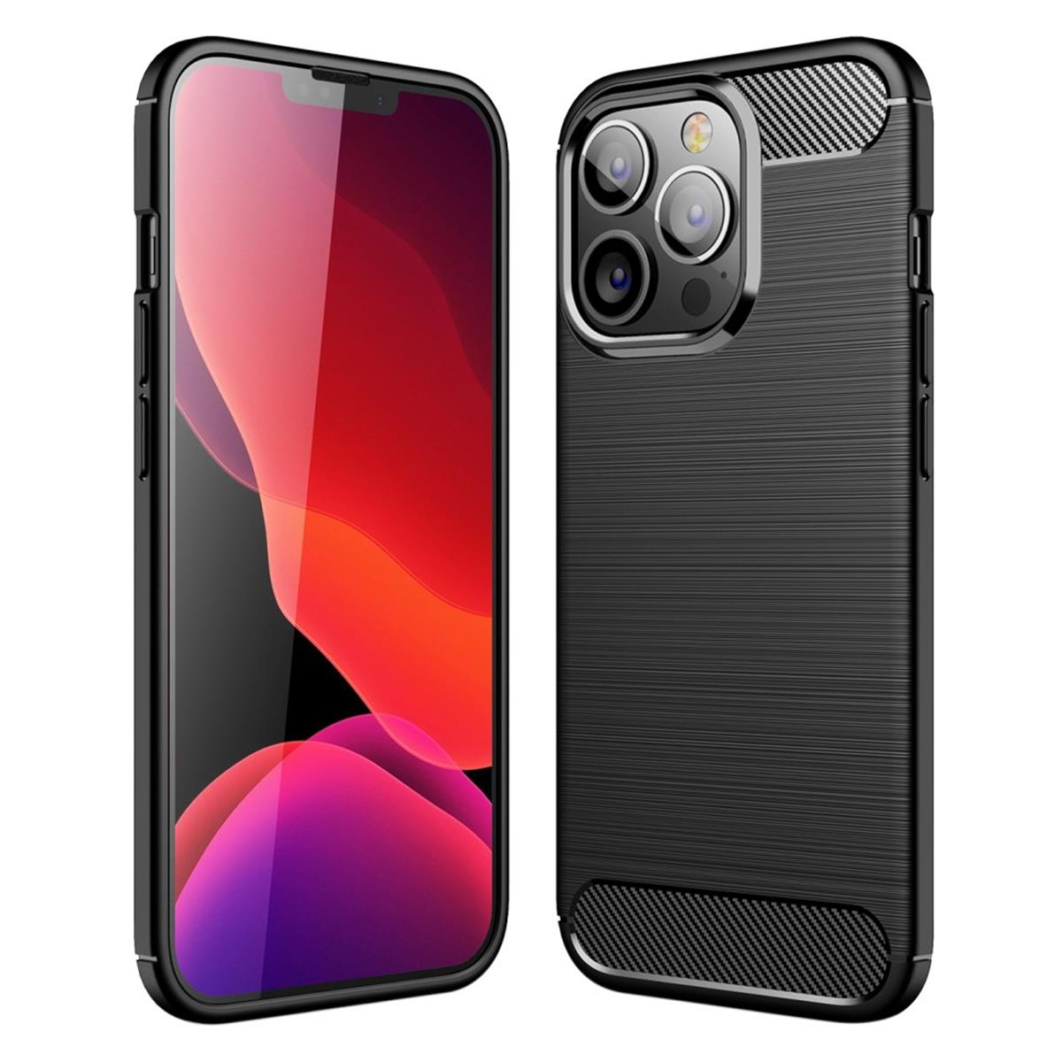 Schwarzes Telefon mit schwarzem Gehäuse. Rückseite des Telefons mit Kamera und Vorderseite wird gezeigt.
