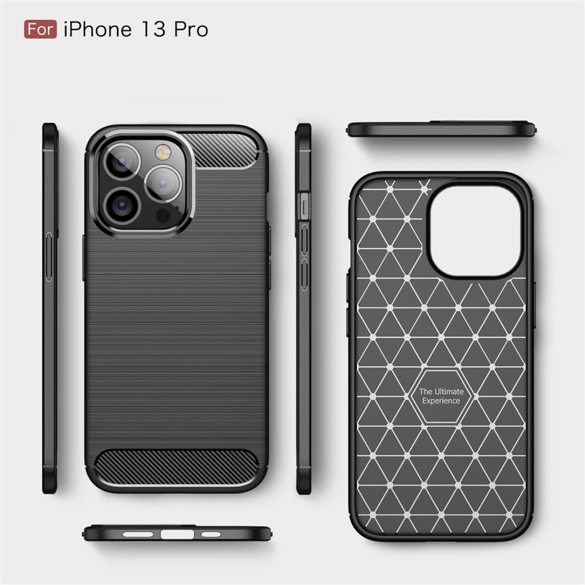 Schwarze Handyhülle für das iPhone 13 Pro. Verschiedene Ansichten der Hülle: vorne, hinten, seitlich und oben. Sie hat eine strukturierte Oberfläche.