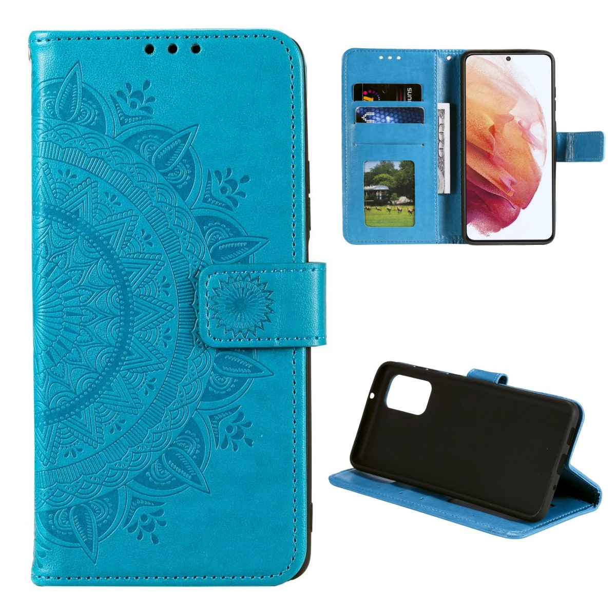 Blaue Handyhülle mit floralem Design, geöffnet, um ein Telefon, Karten und eine schwarze Hülle zu zeigen.