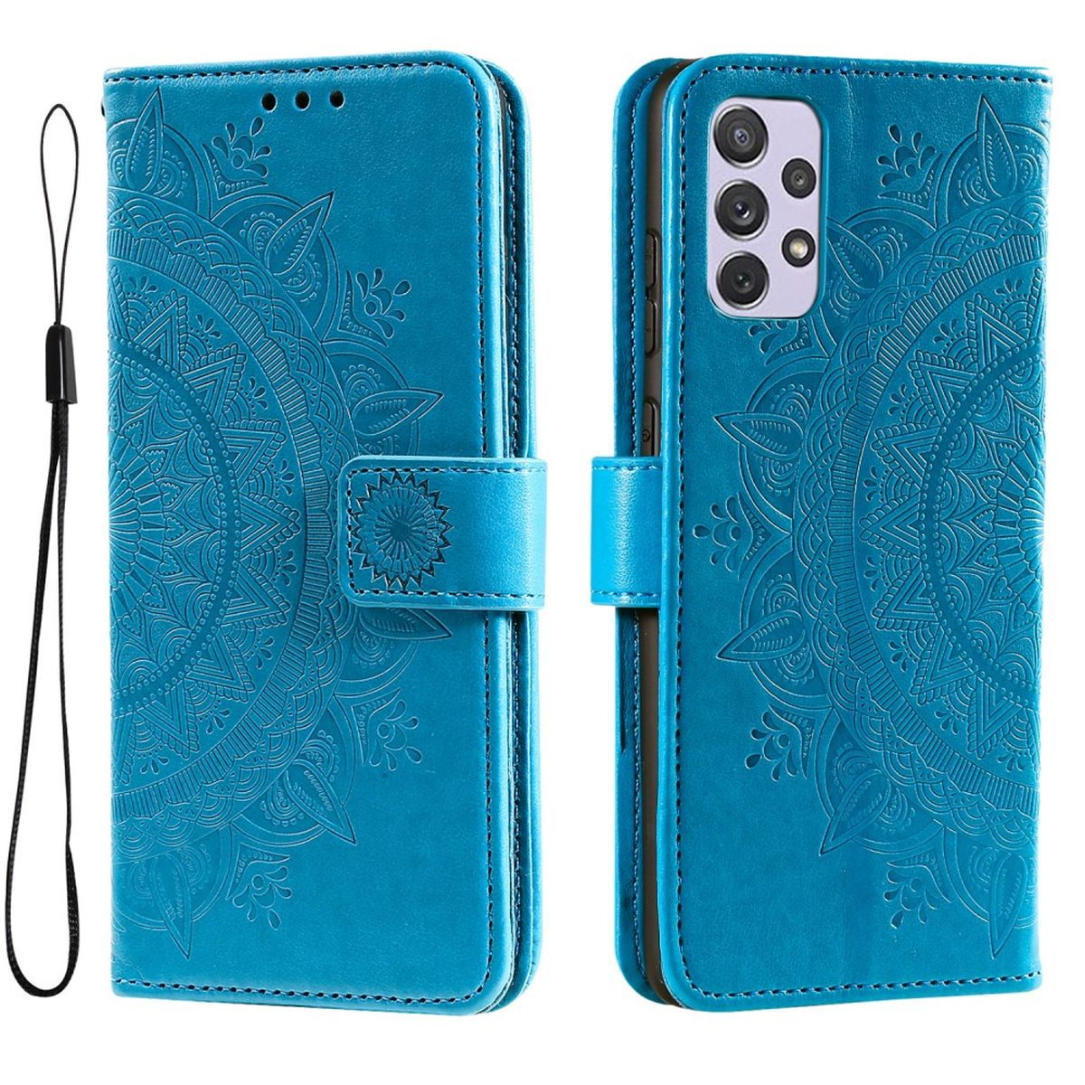 Blaue Handyhülle mit Mandala-Design, geöffnet, um das Telefon freizugeben.
