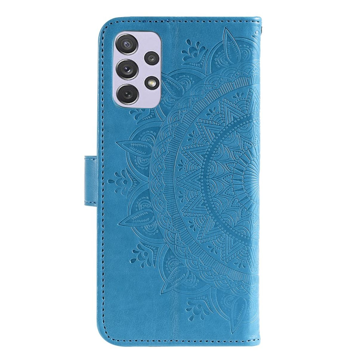 Eine blaue Handyhülle mit Mandala-Design, geöffnet, um das Telefon mit Magnetverschluss zu zeigen.