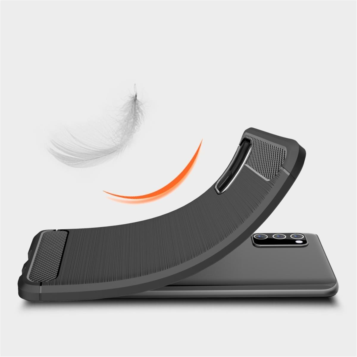 Schwarze Handyhülle mit Feder und orangefarbenem Bogen. Die Hülle ist gebogen. Grauer Hintergrund.